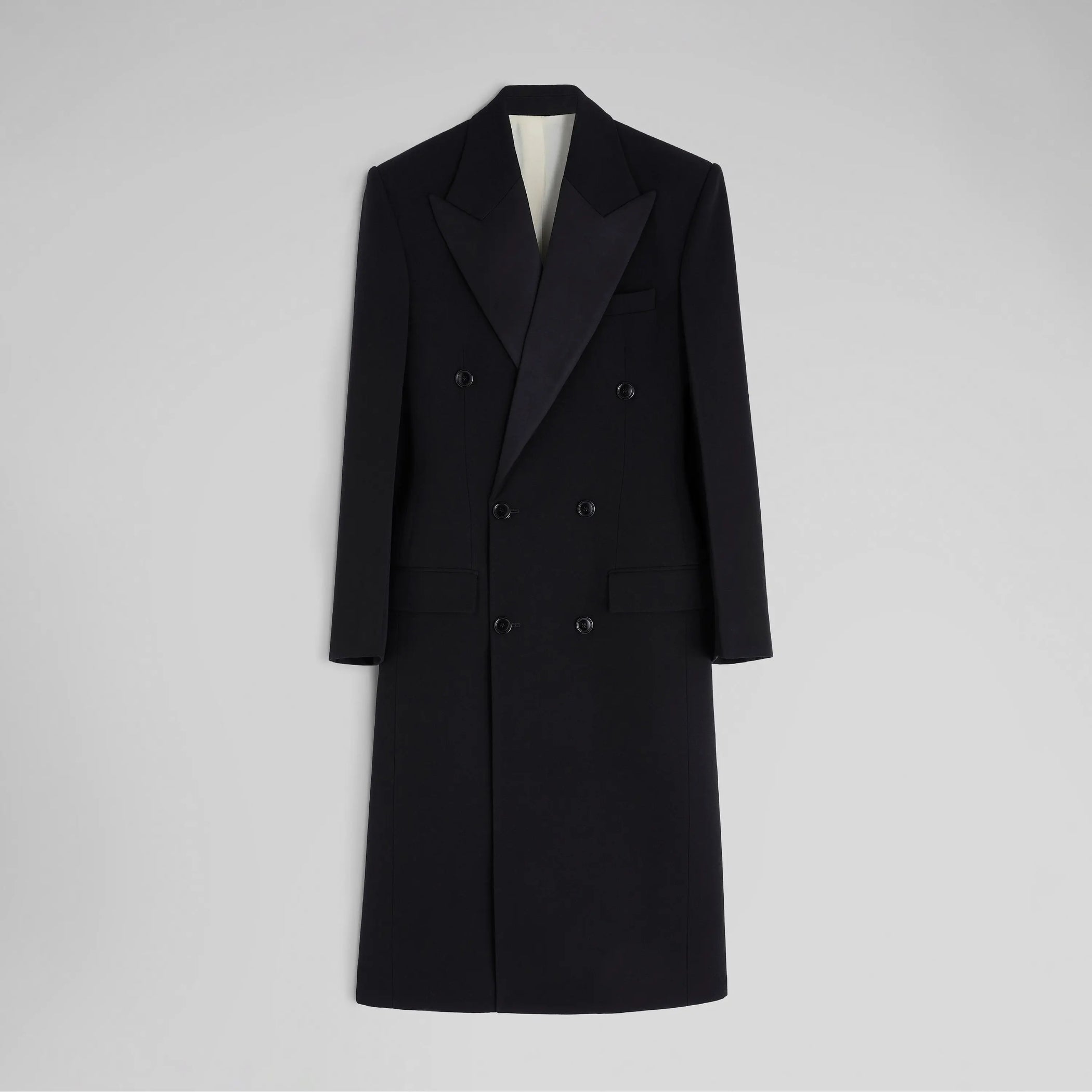 Front flat lay view of Tailored Coat With Dropped Waist in black. 