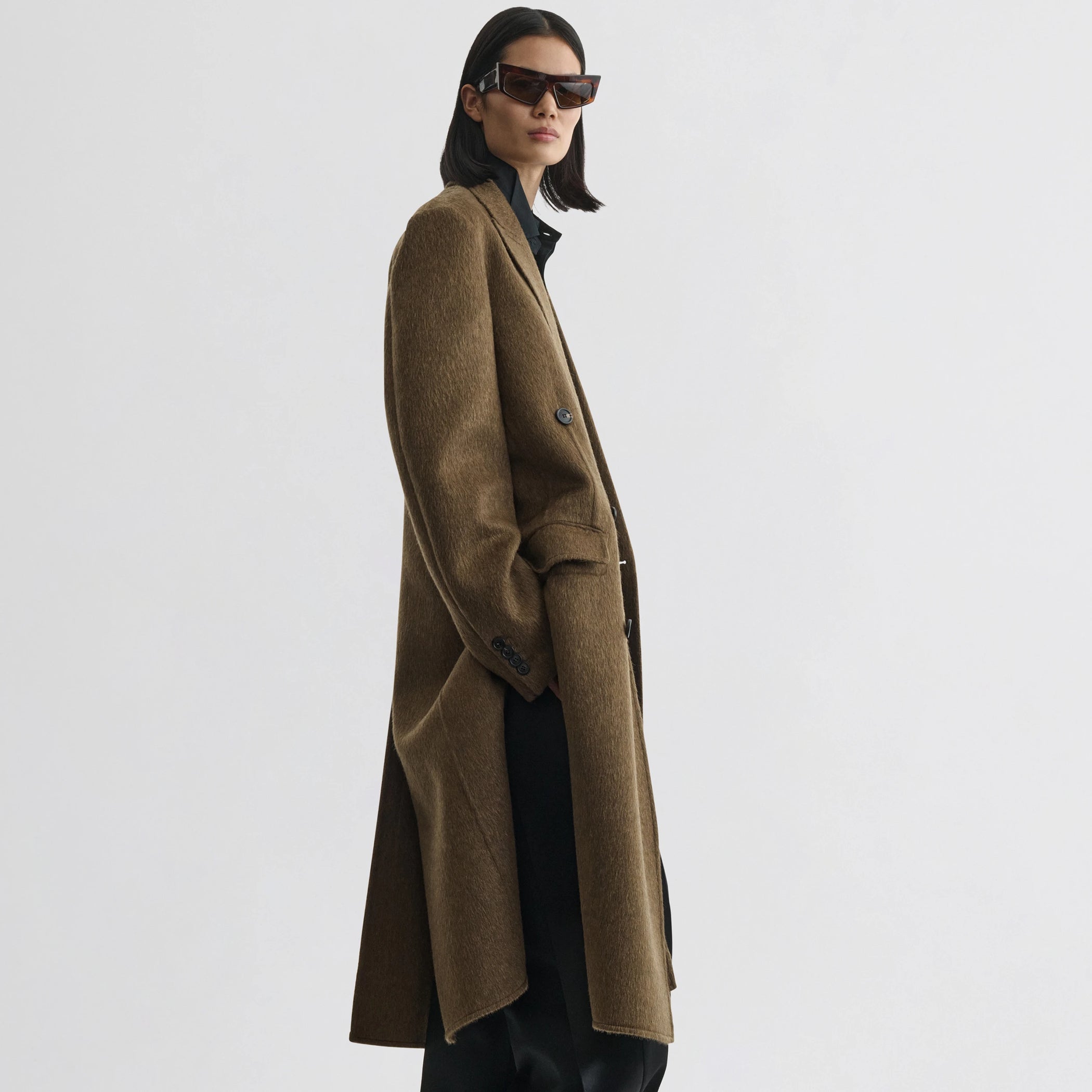 Flat front view of man&#39;s coat in bronze khaki wool mohair.