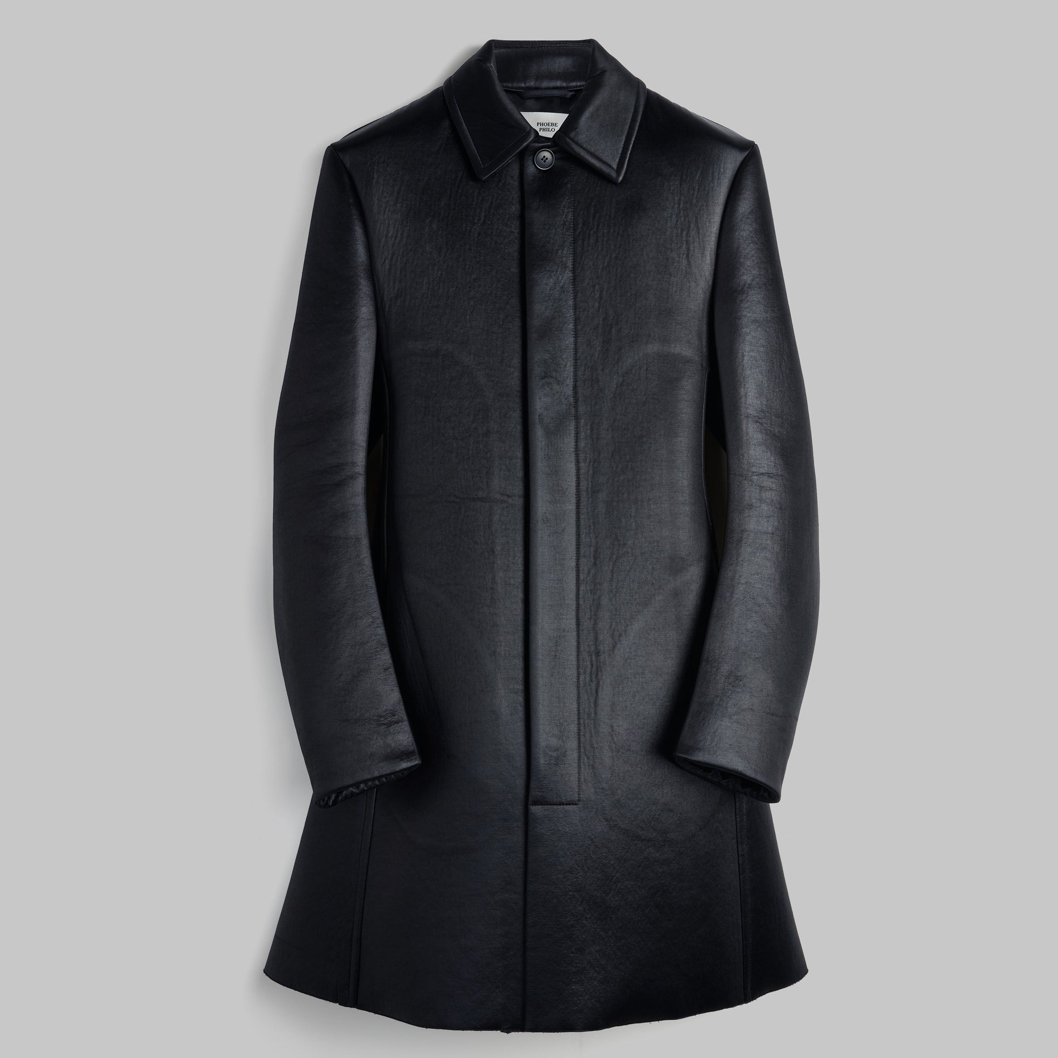 Flat front view of SHORT COAT in black bonded satin