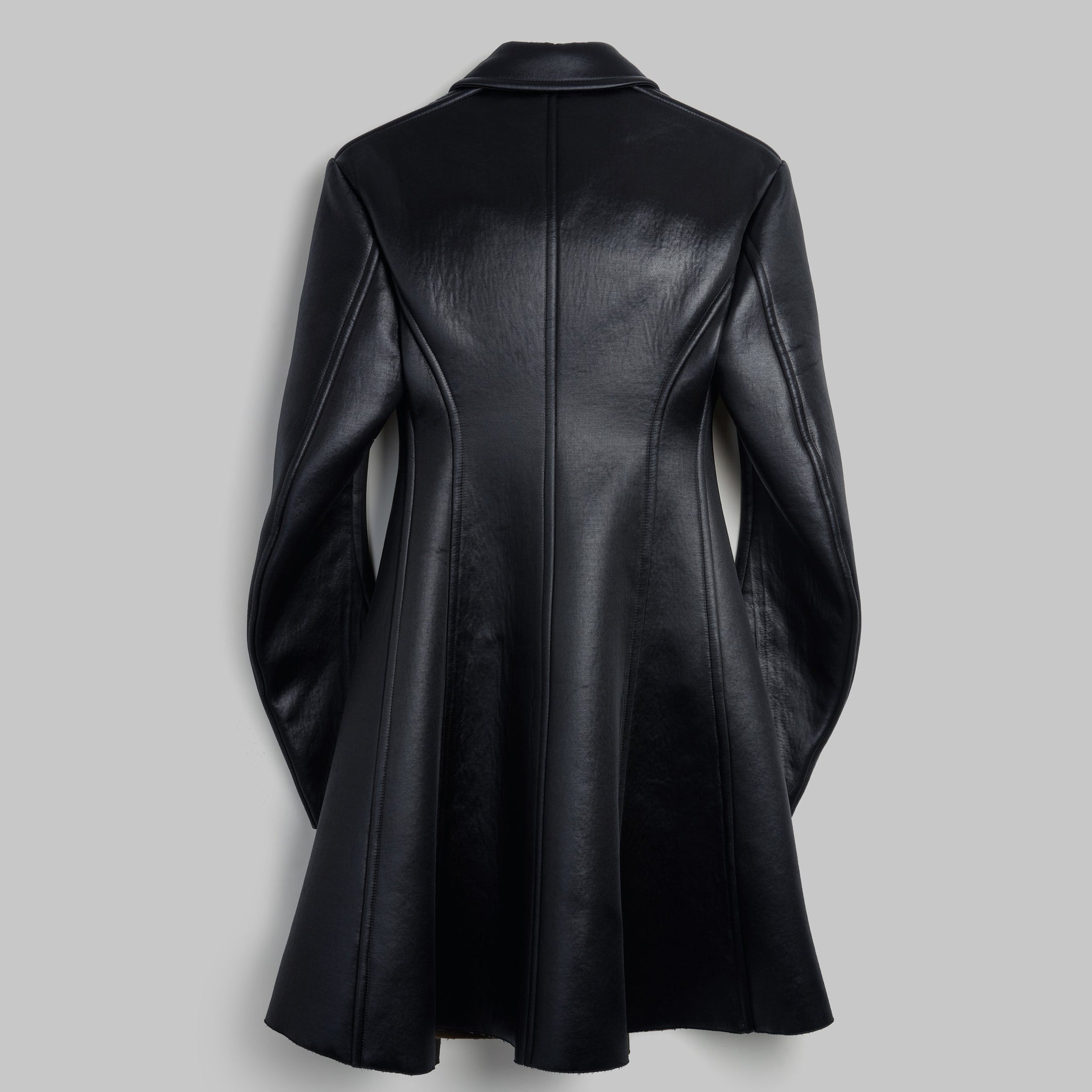 Flat back view of SHORT COAT in black bonded satin