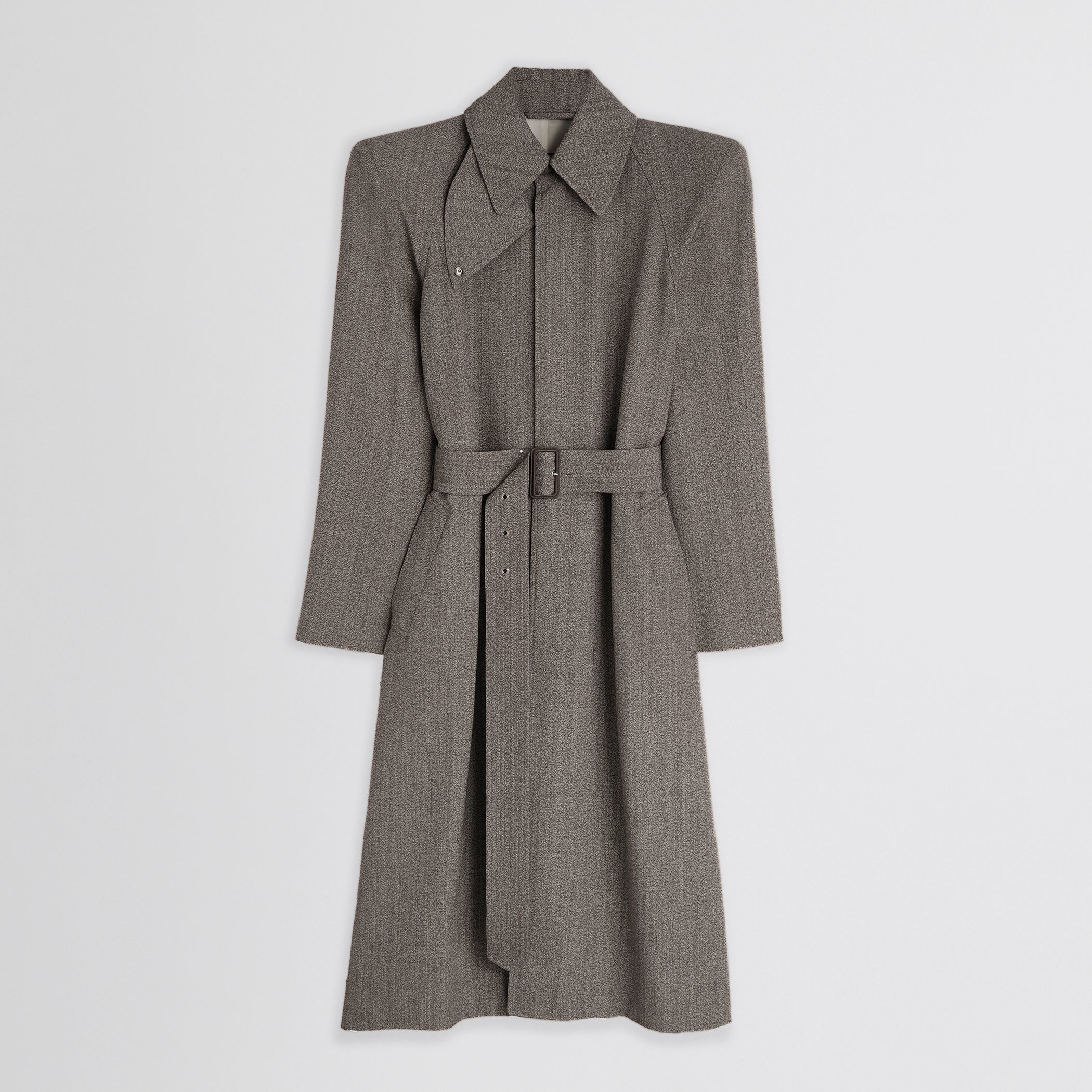 Flat lay front view of the sharp shoulder car coat in pebble melange 