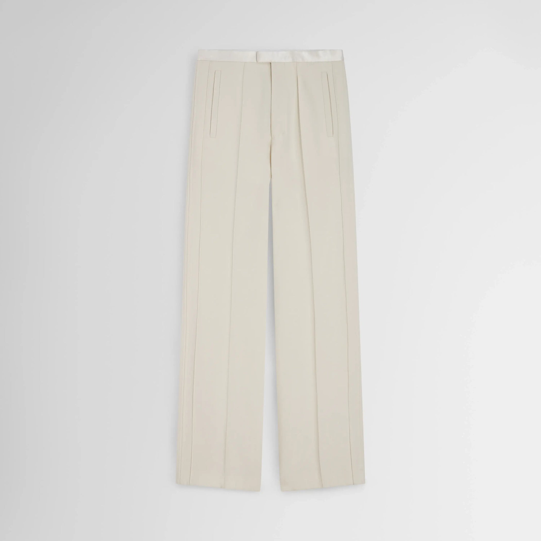 Front flat lay of Classic Tailored Trousers in cream. 