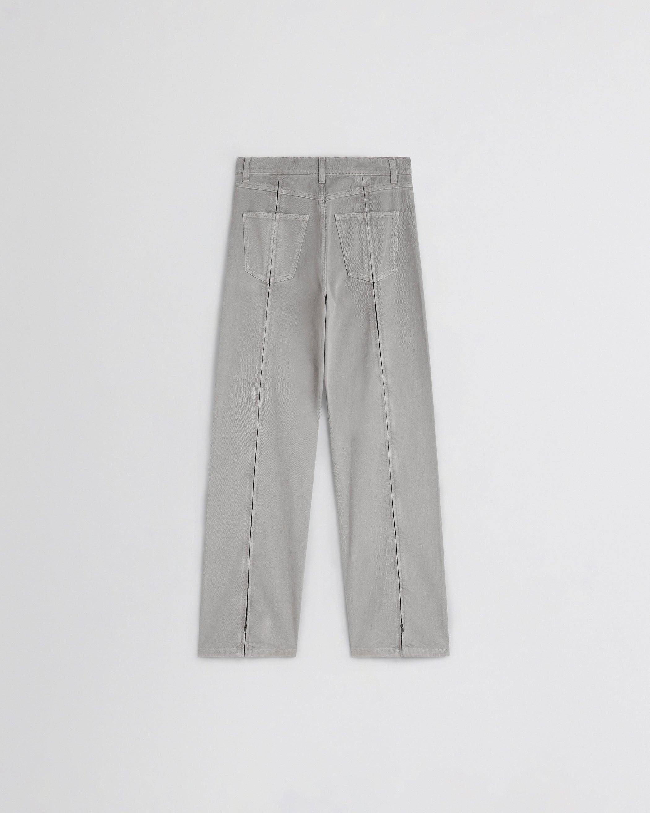 Flat back view of ZIP JEANS in ash grey cotton