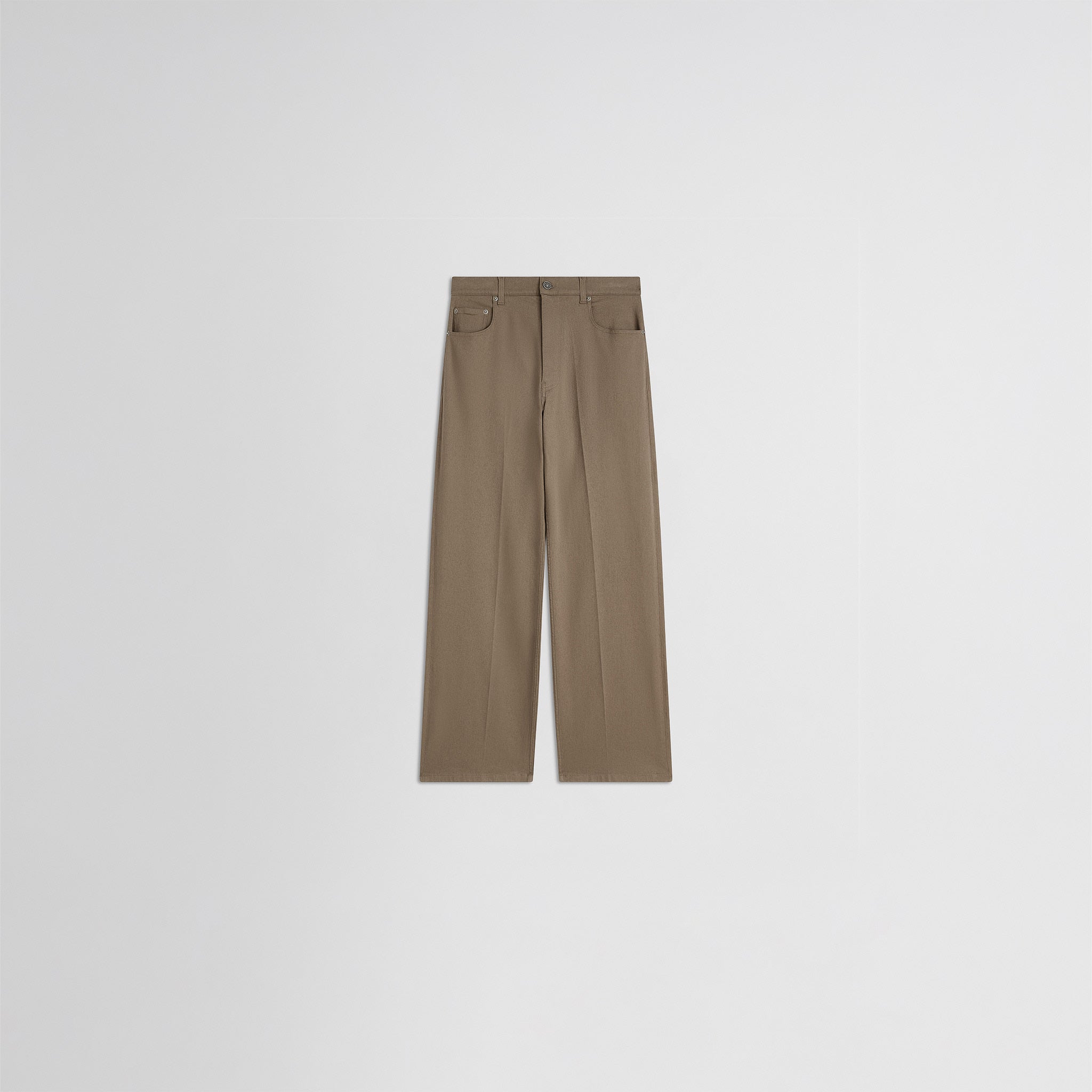 Flat front view of zip jeans in warm khaki cotton
