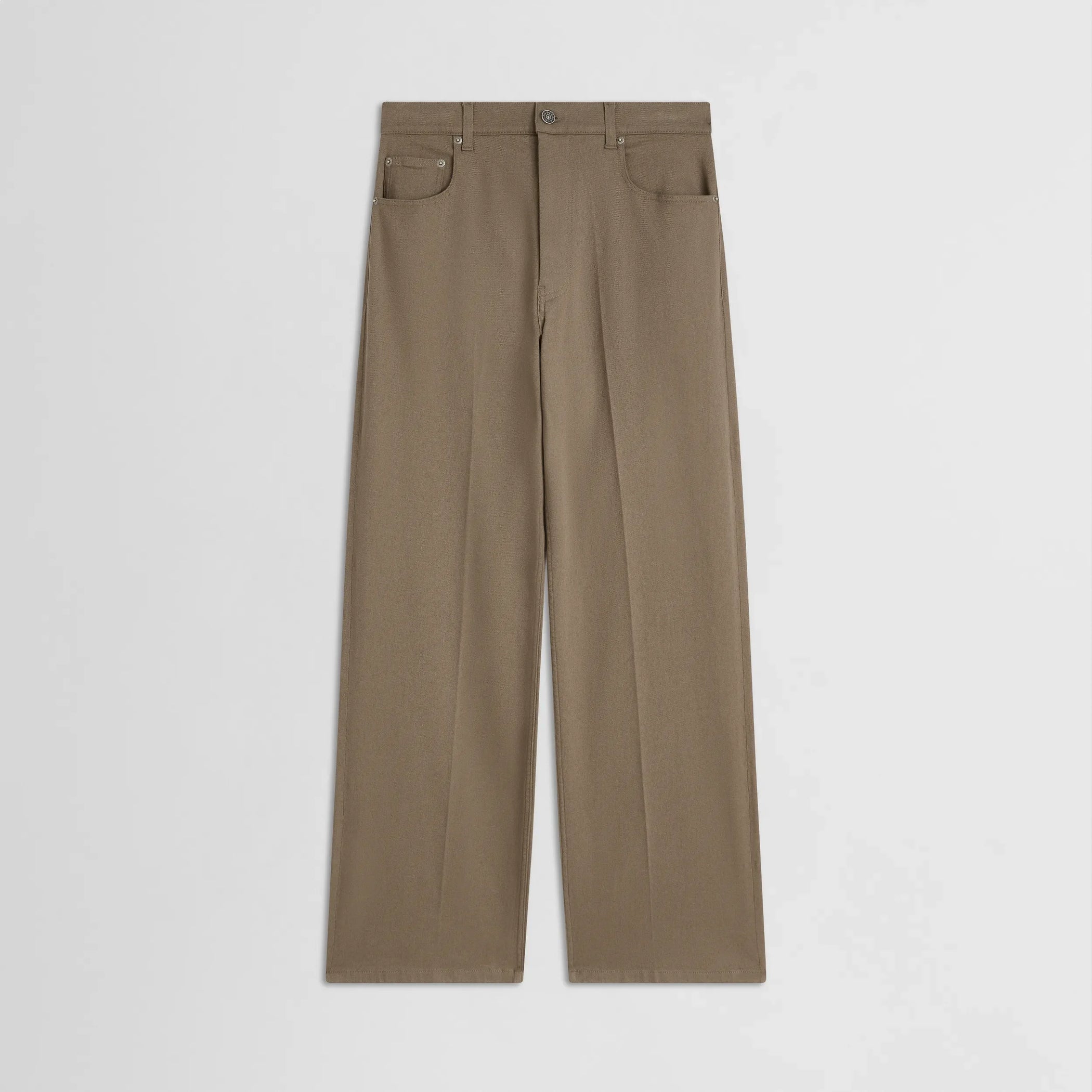 Flat front view of zip jeans in warm khaki cotton