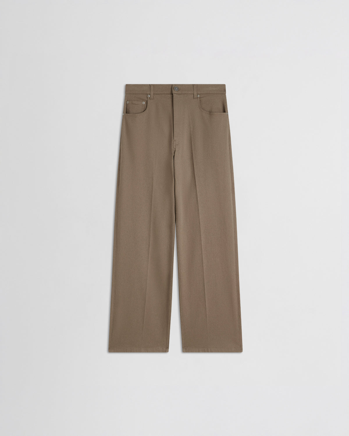 Flat front view of zip jeans in warm khaki cotton