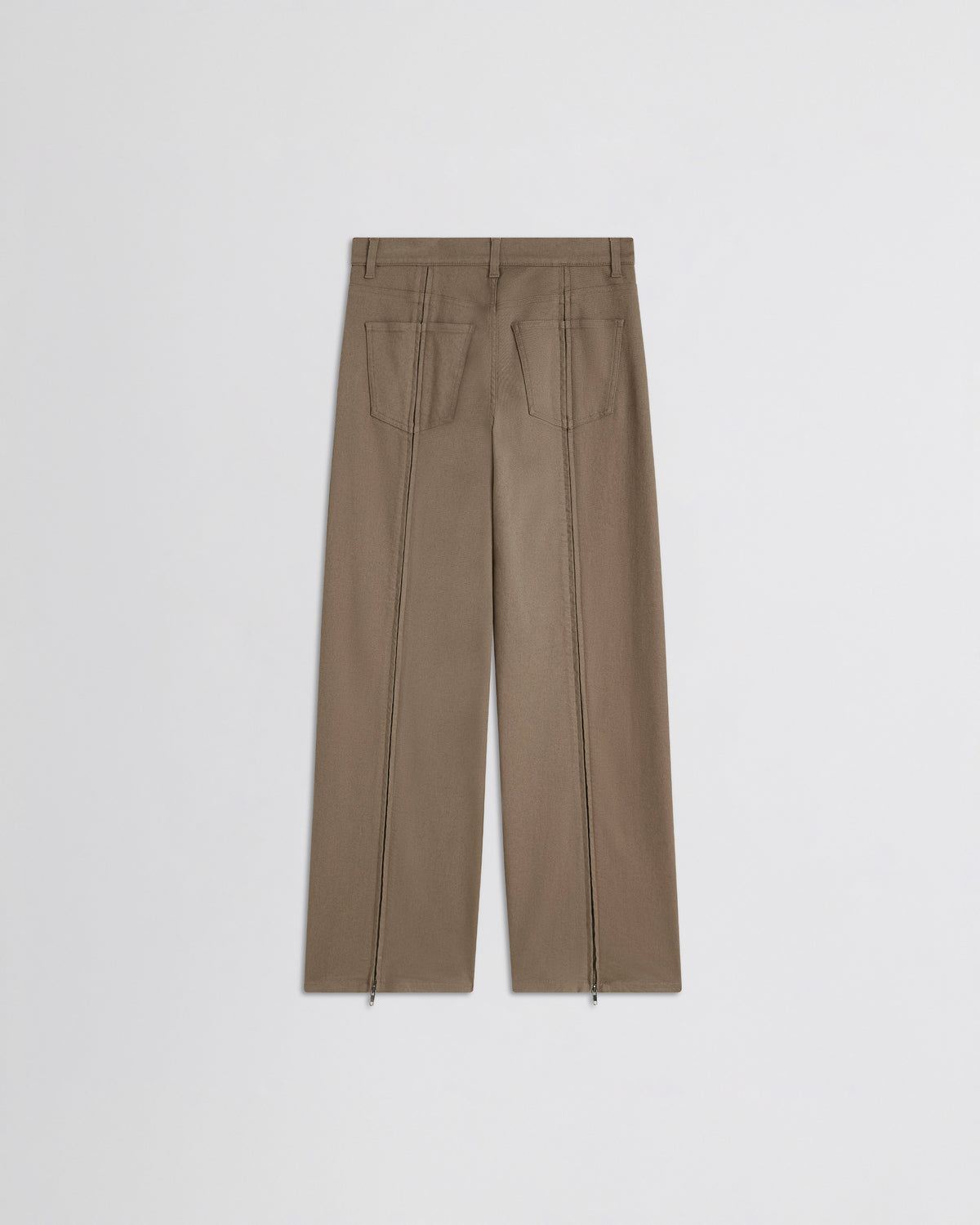Flat back view of zip jeans in warm khaki cotton
