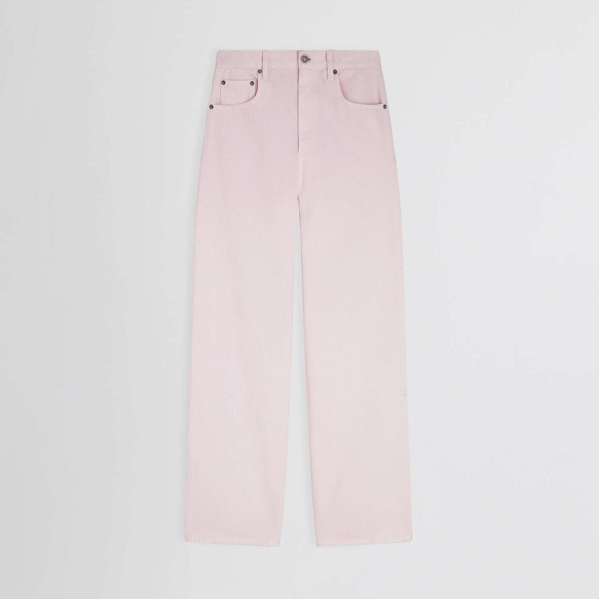 Flat front view of zip jeans in pale pink cotton 