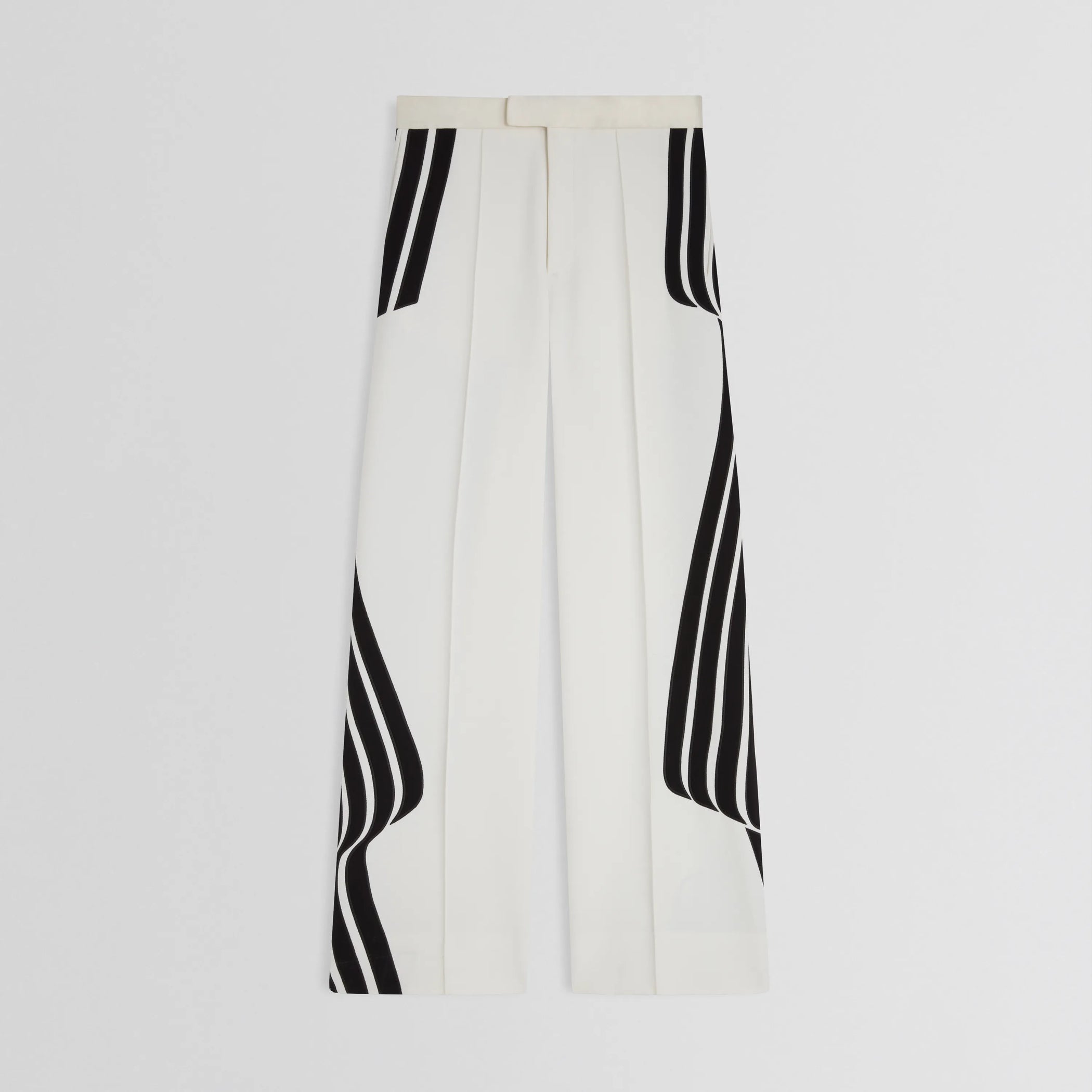 Flat front view of wave trousers in black and white technical tailoring 