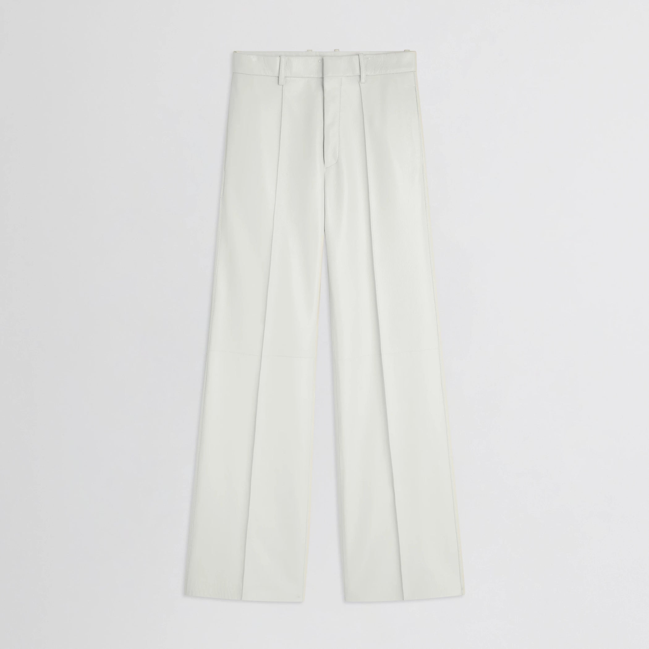 Flat front view of boyish trousers in white leather.