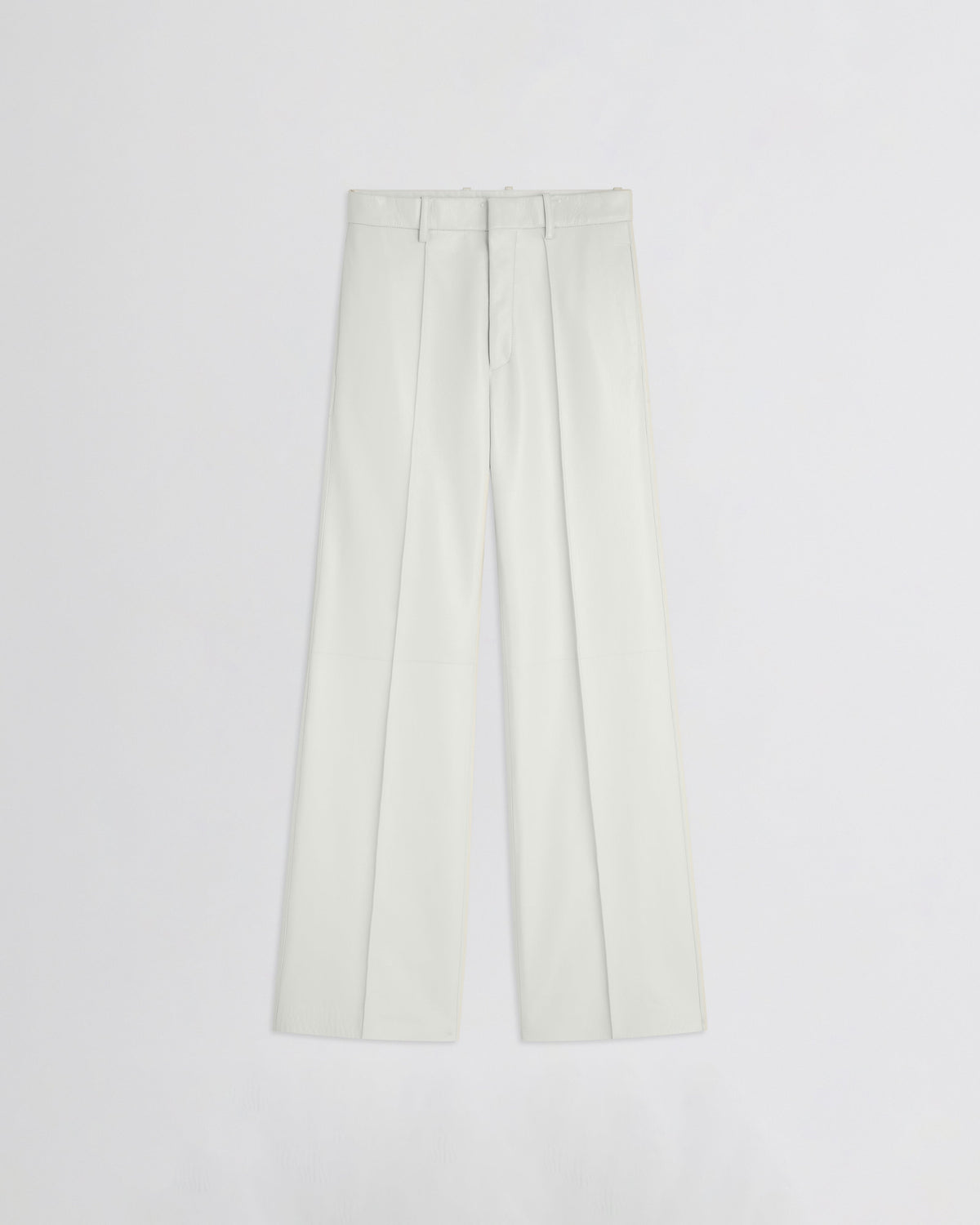 Flat front view of boyish trousers in white leather