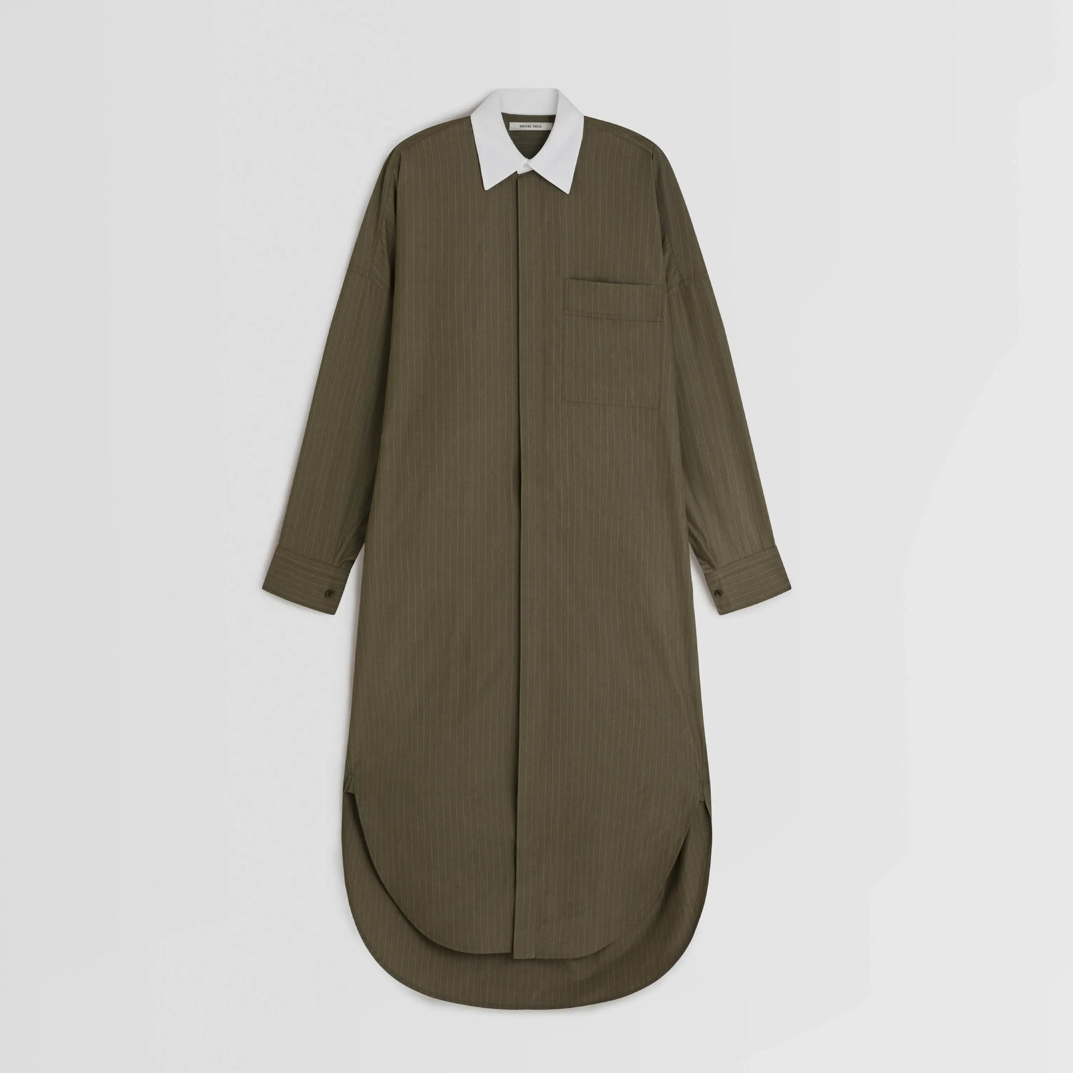 Flat front view of LONG SHIRT DRESS in tobacco white pinstripe cotton