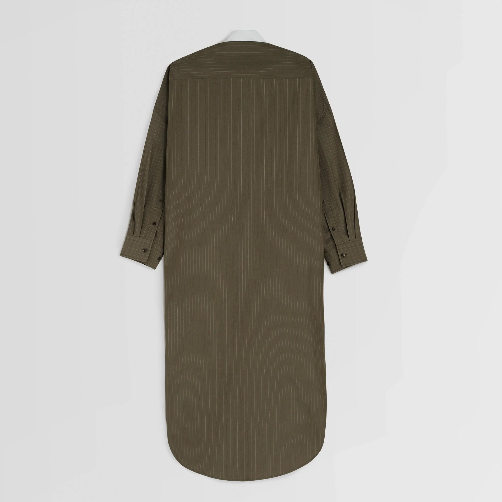 Flat back view of LONG SHIRT DRESS in tobacco white pinstripe cotton
