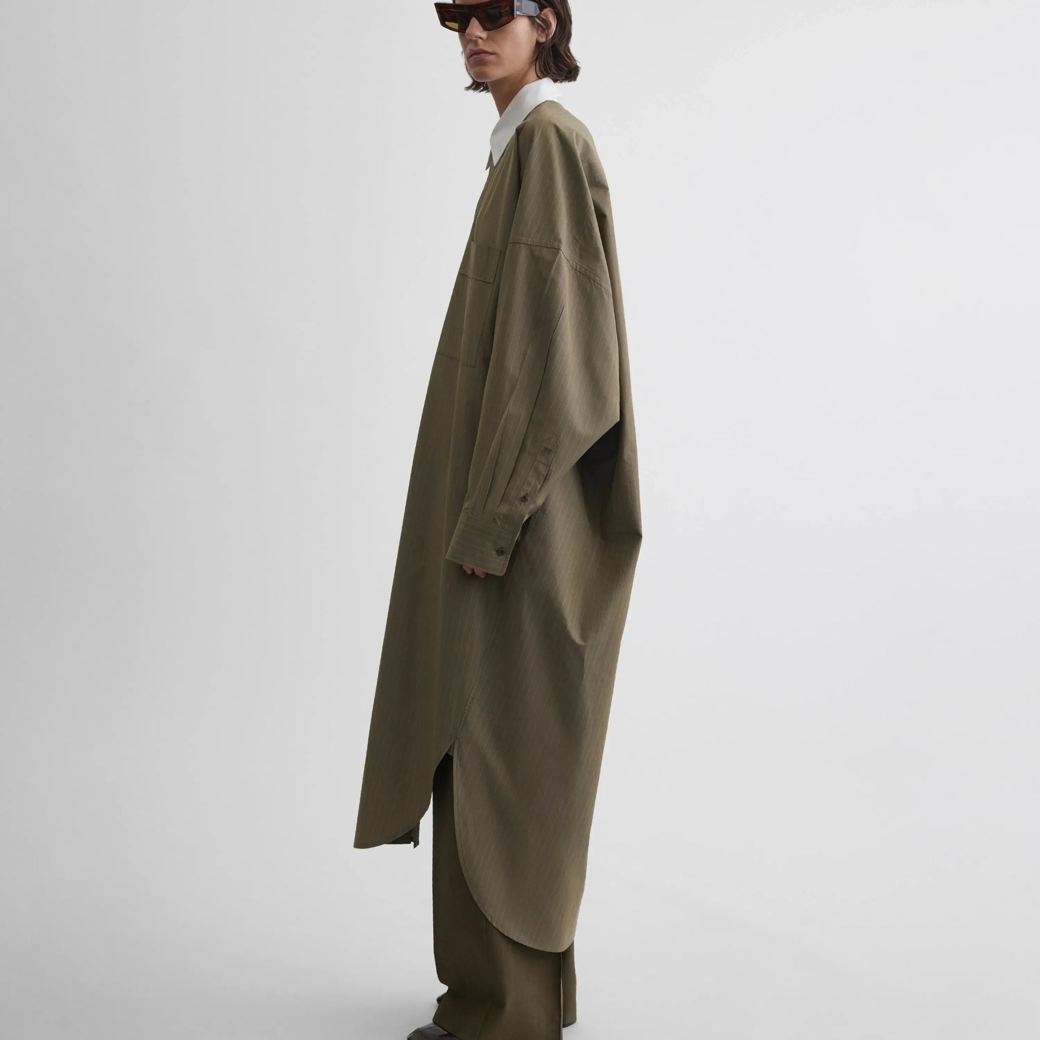 LONG SHIRT DRESS | tobacco white pinstripe cotton
