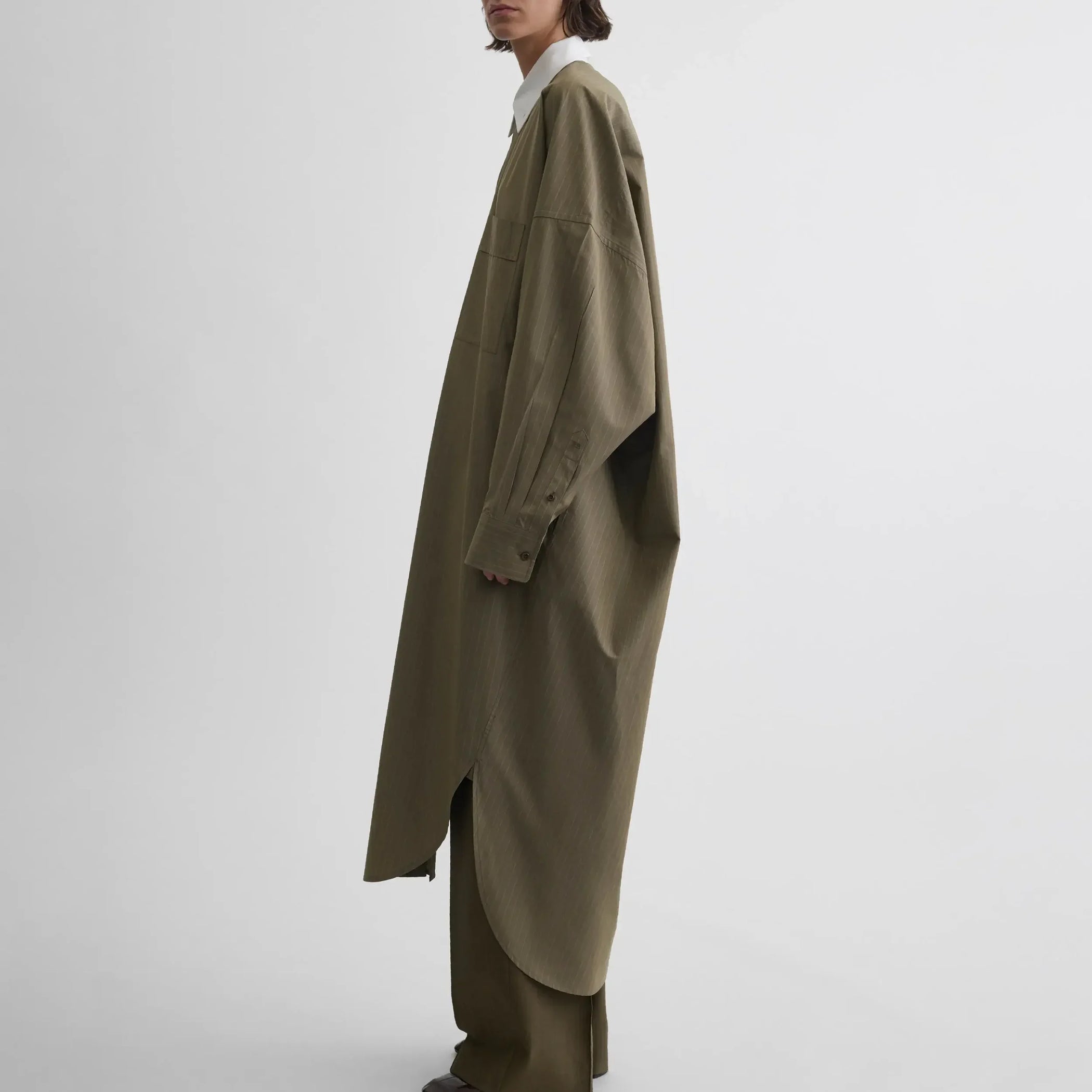 Side view of LONG SHIRT DRESS in tobacco white pinstripe cotton