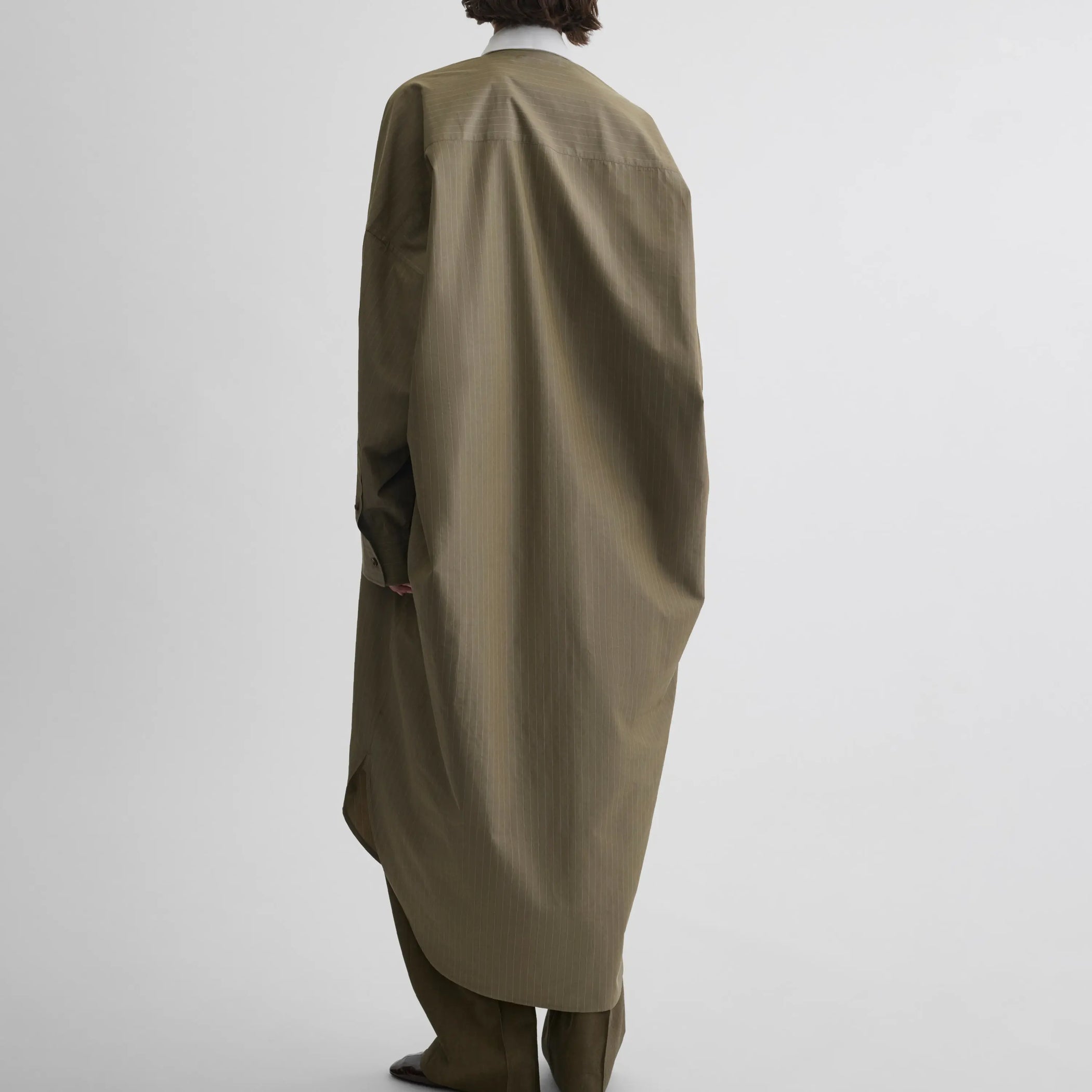 Back view of LONG SHIRT DRESS in tobacco white pinstripe cotton