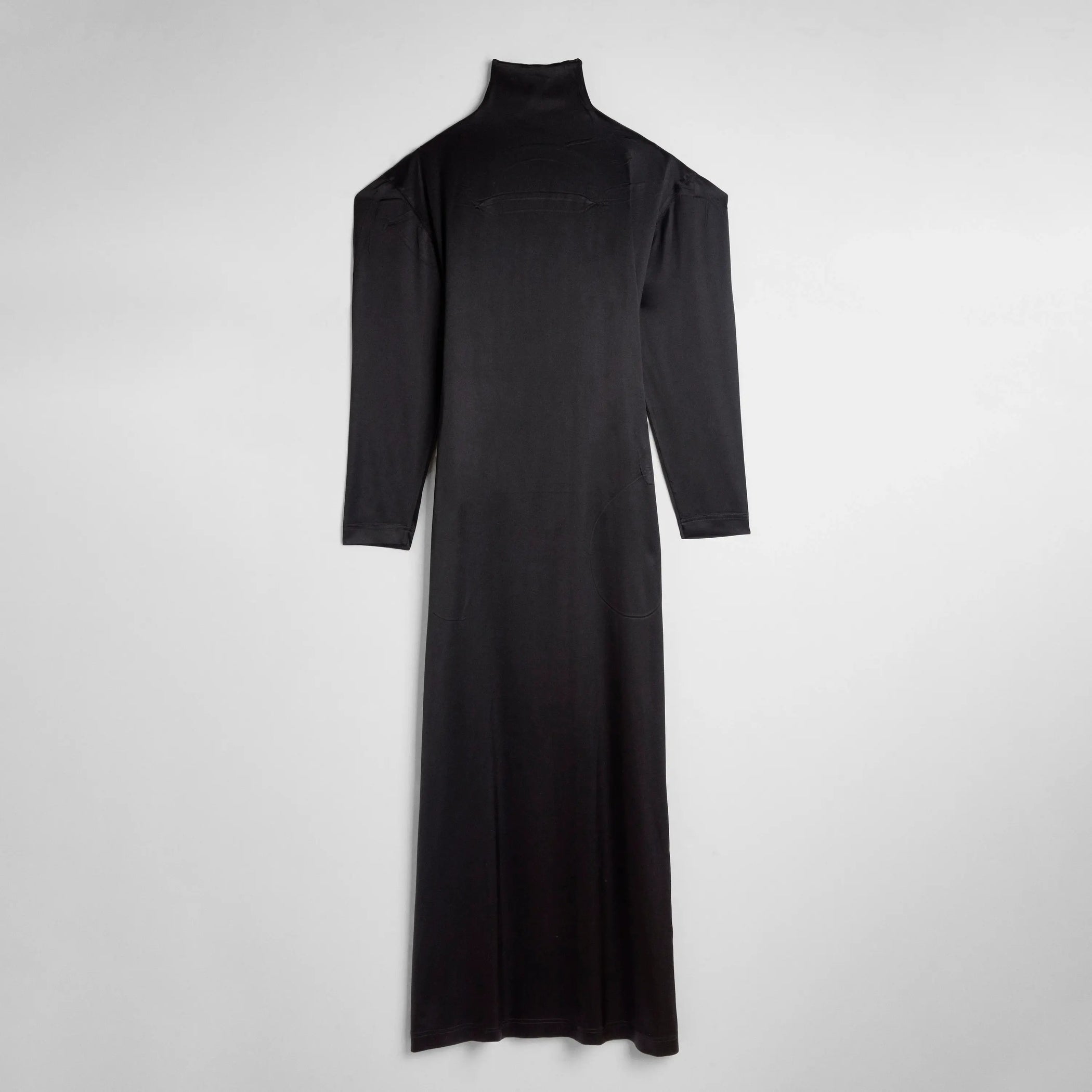 Flat front view of LIQUID OPEN BACK DRESS in black silk satin