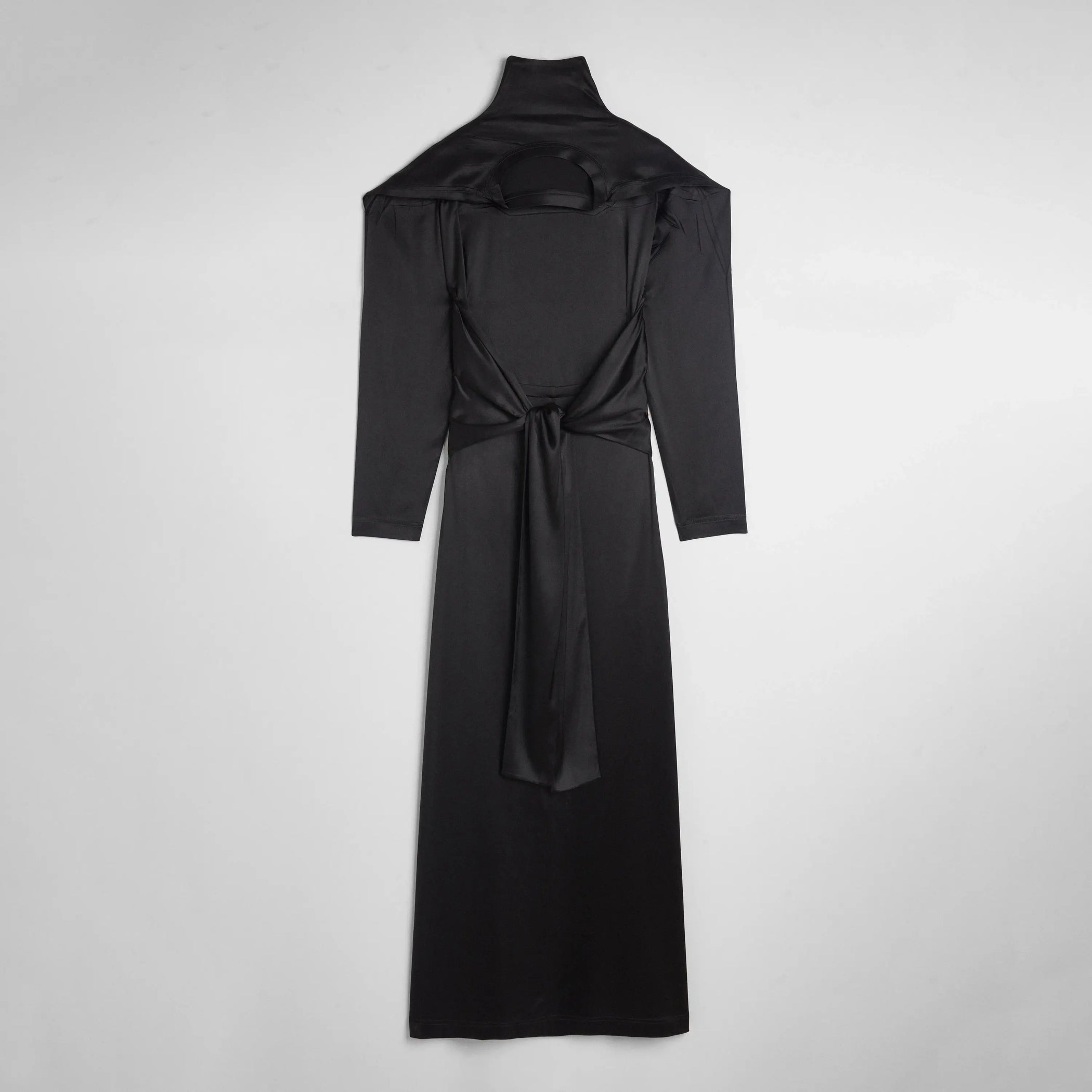 Flat back view of LIQUID OPEN BACK DRESS in black silk satin