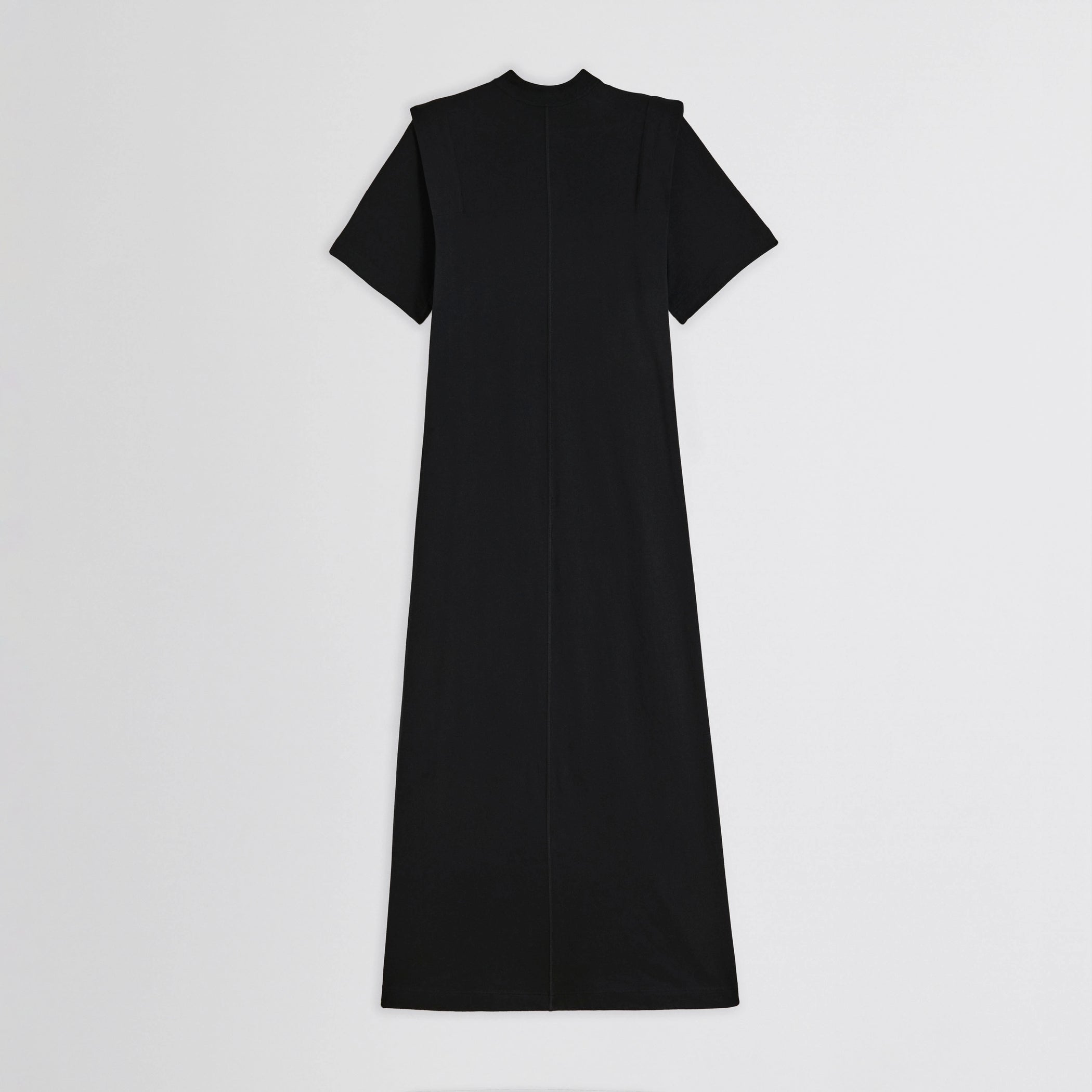 Flat back view of folded shoulder dress in black jersey 