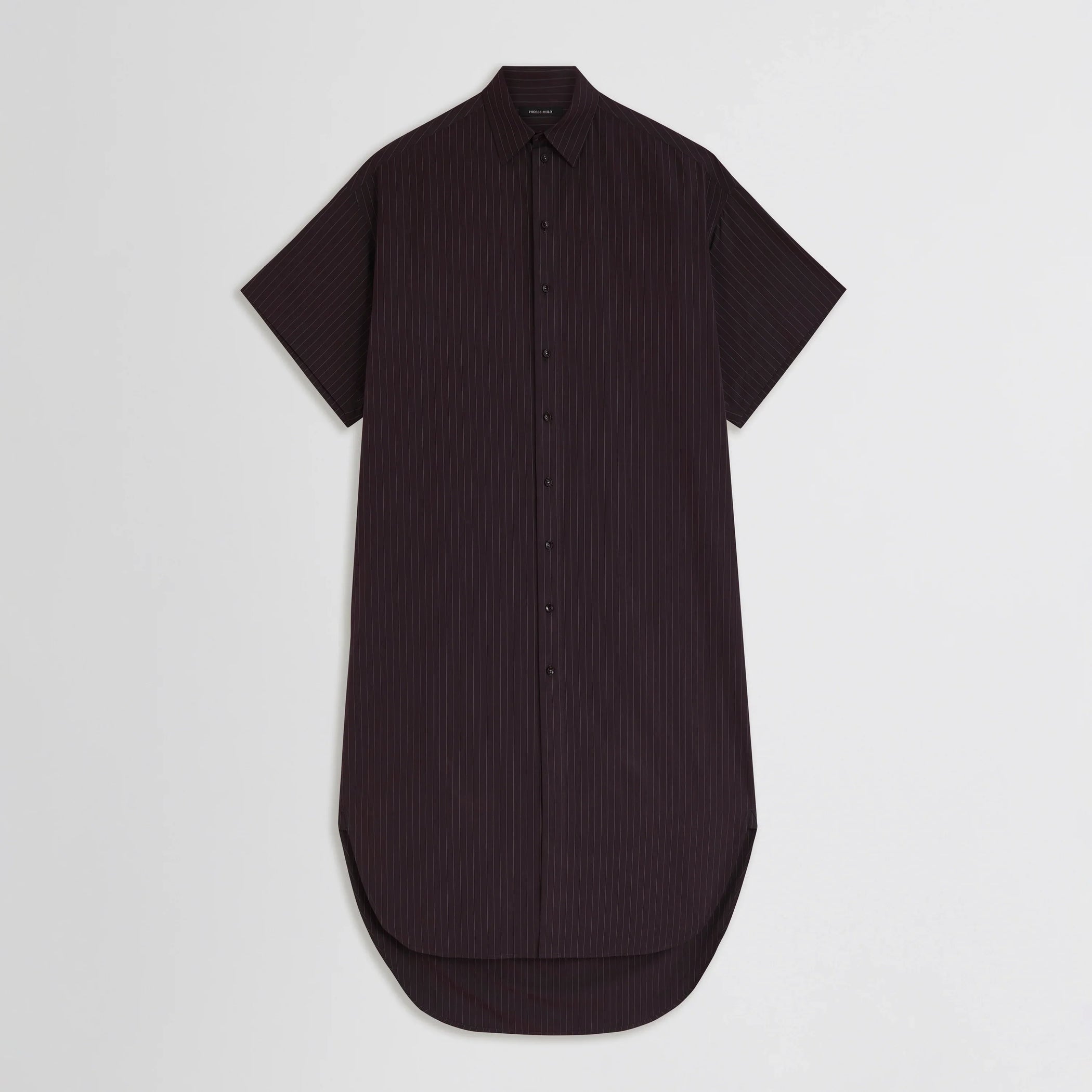 Flat front view of long shirt dress in black cherry cotton