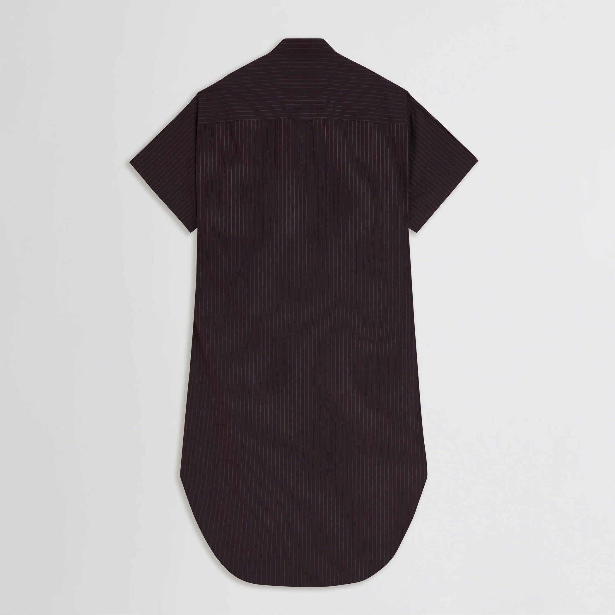 Flat back view of long shirt dress in black cherry cotton