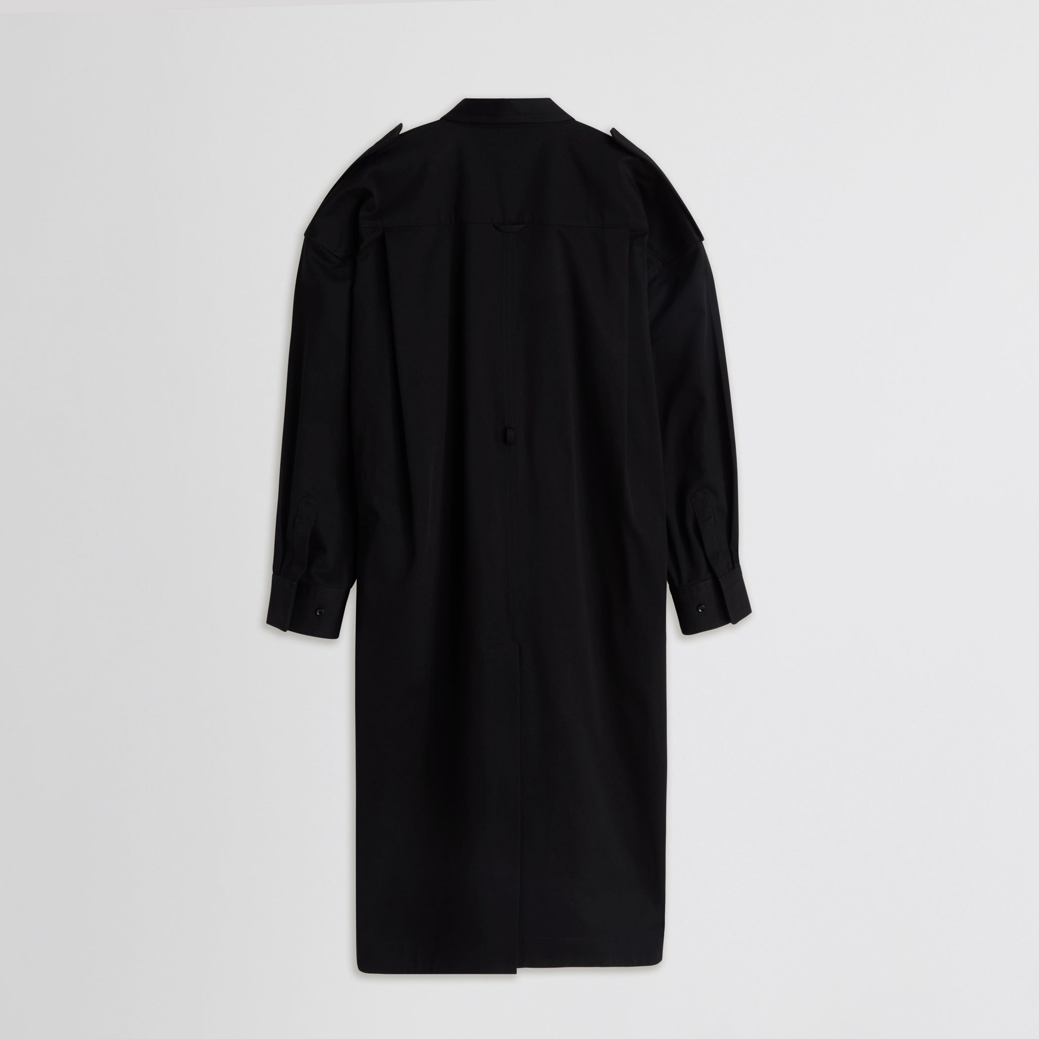 Flat back view of utility shirt dress in black cotton