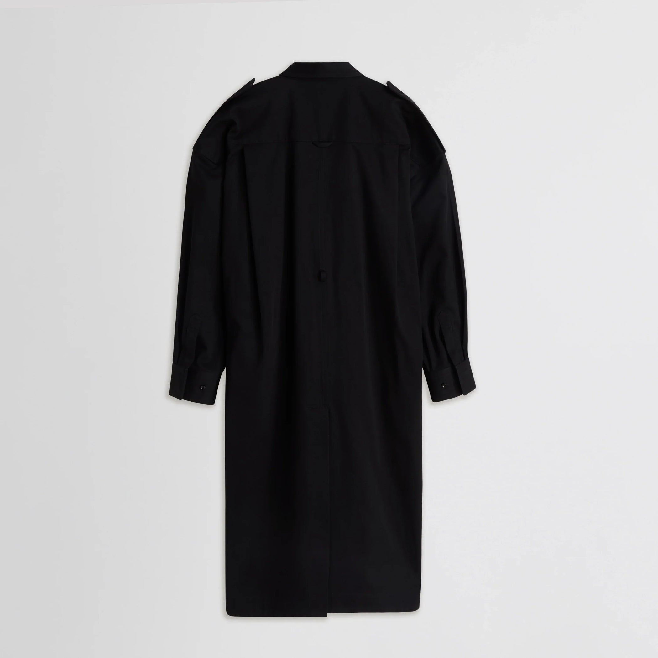 Flat back view of utility shirt dress in black cotton