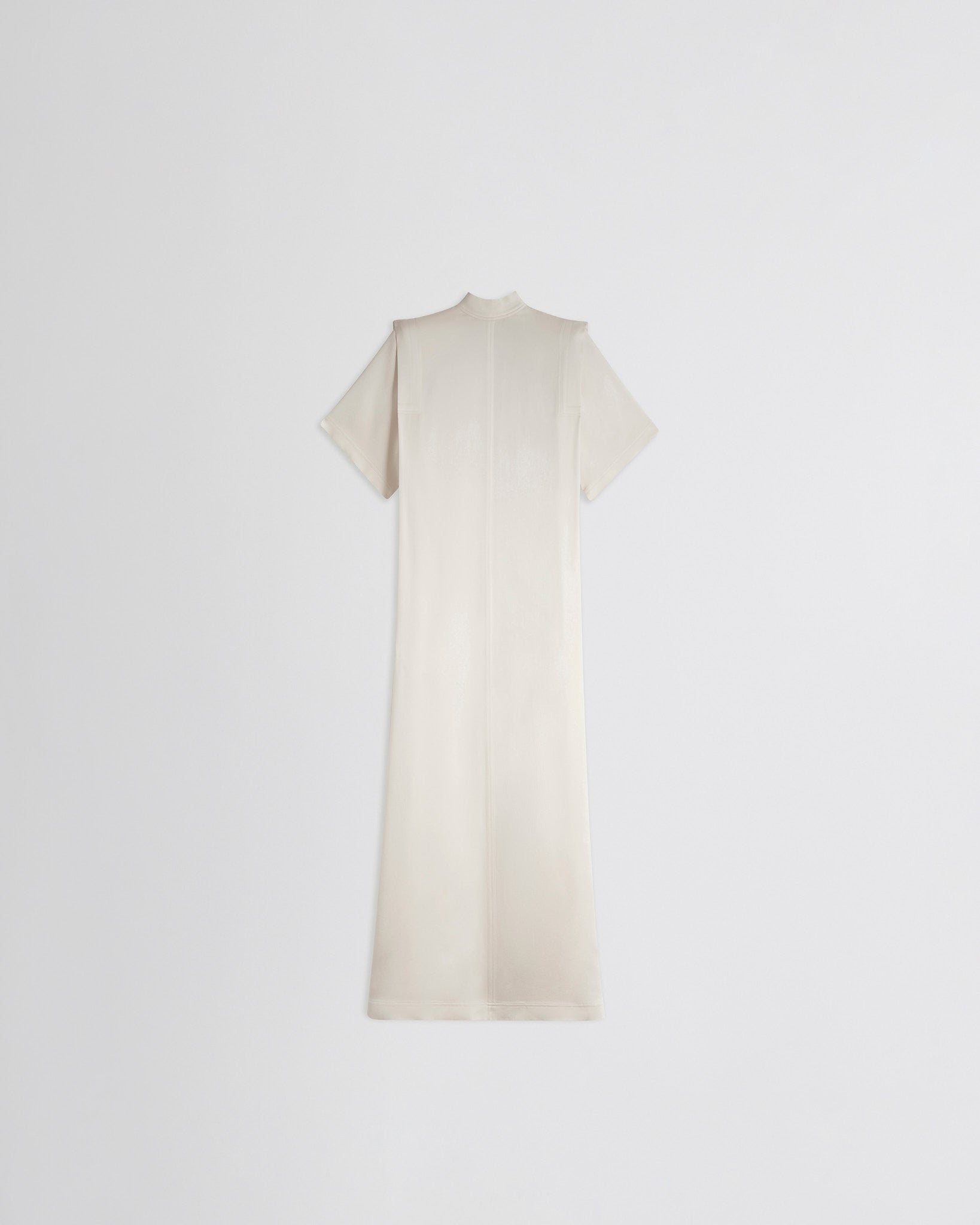 Flat front view of folded shoulder dress in vanilla satin back crepe