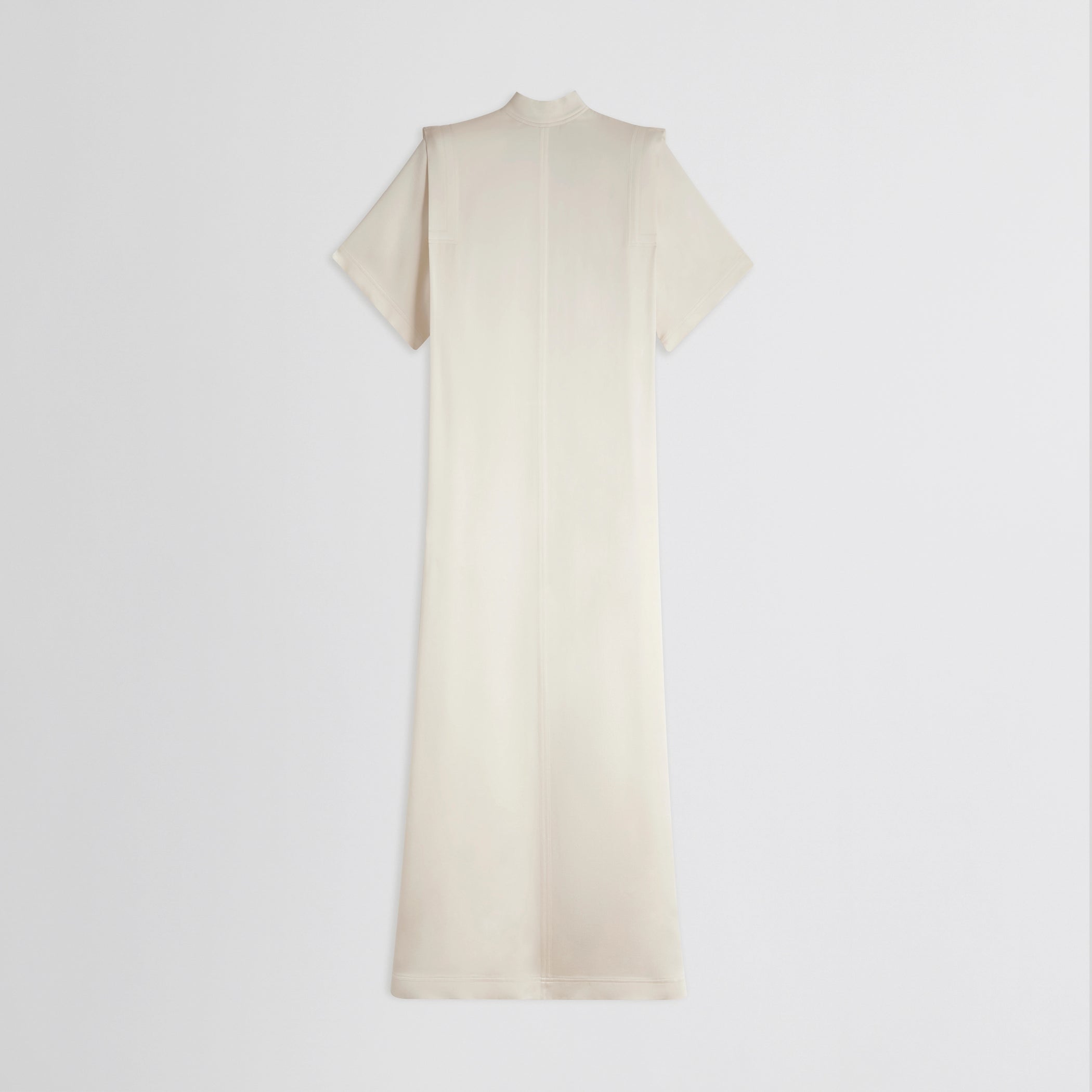 Flat front view of folded shoulder dress in vanilla satin back crepe