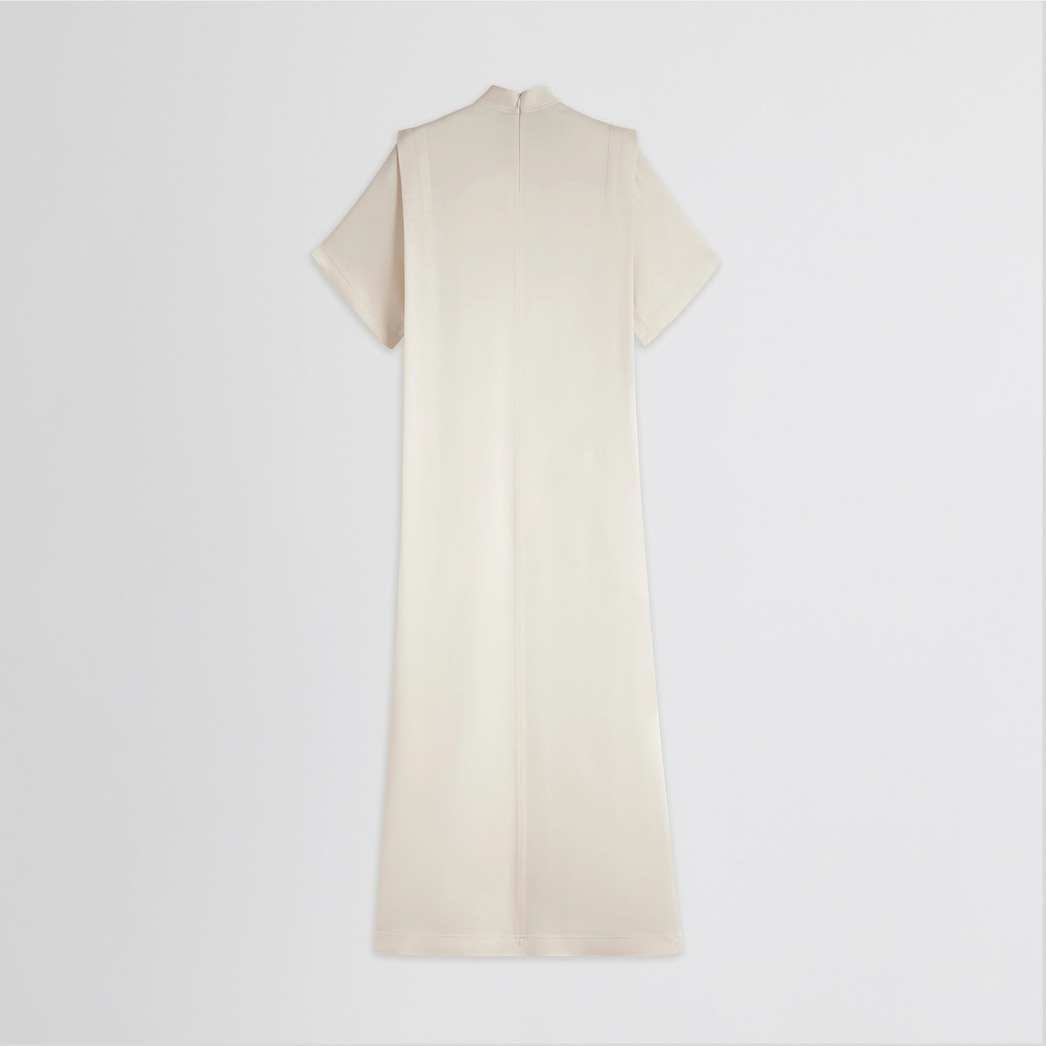 Flat back view of folded shoulder dress in vanilla satin back crepe