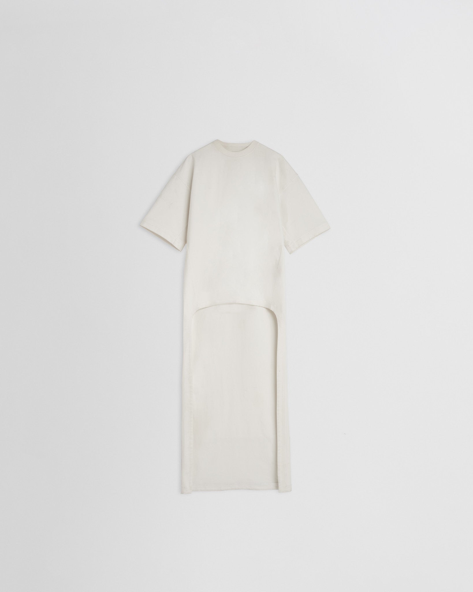 Flat front view of t-shirt train top in white jersey