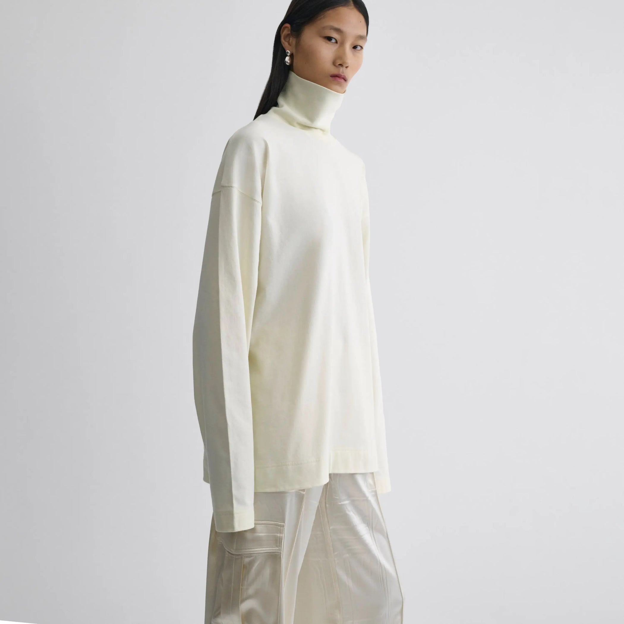 Front view of relaxed long sleeve jersey in cream cotton jersey