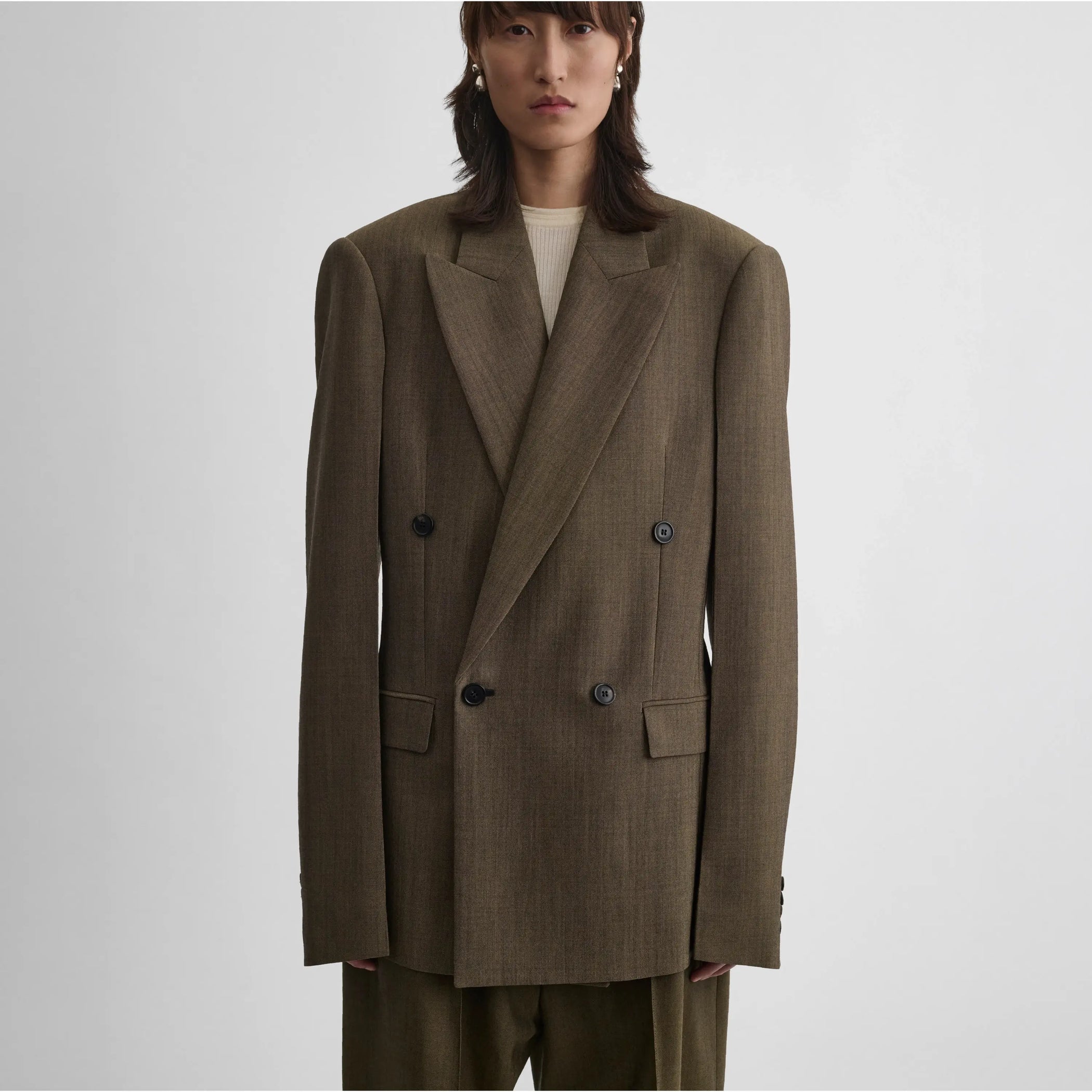 Front view of model wearing Milanese Jacket in tobacco.