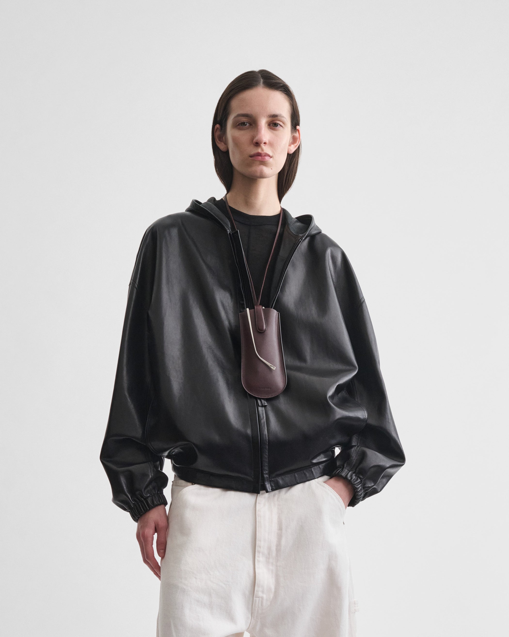 View of HOODED BOMBER in black leather