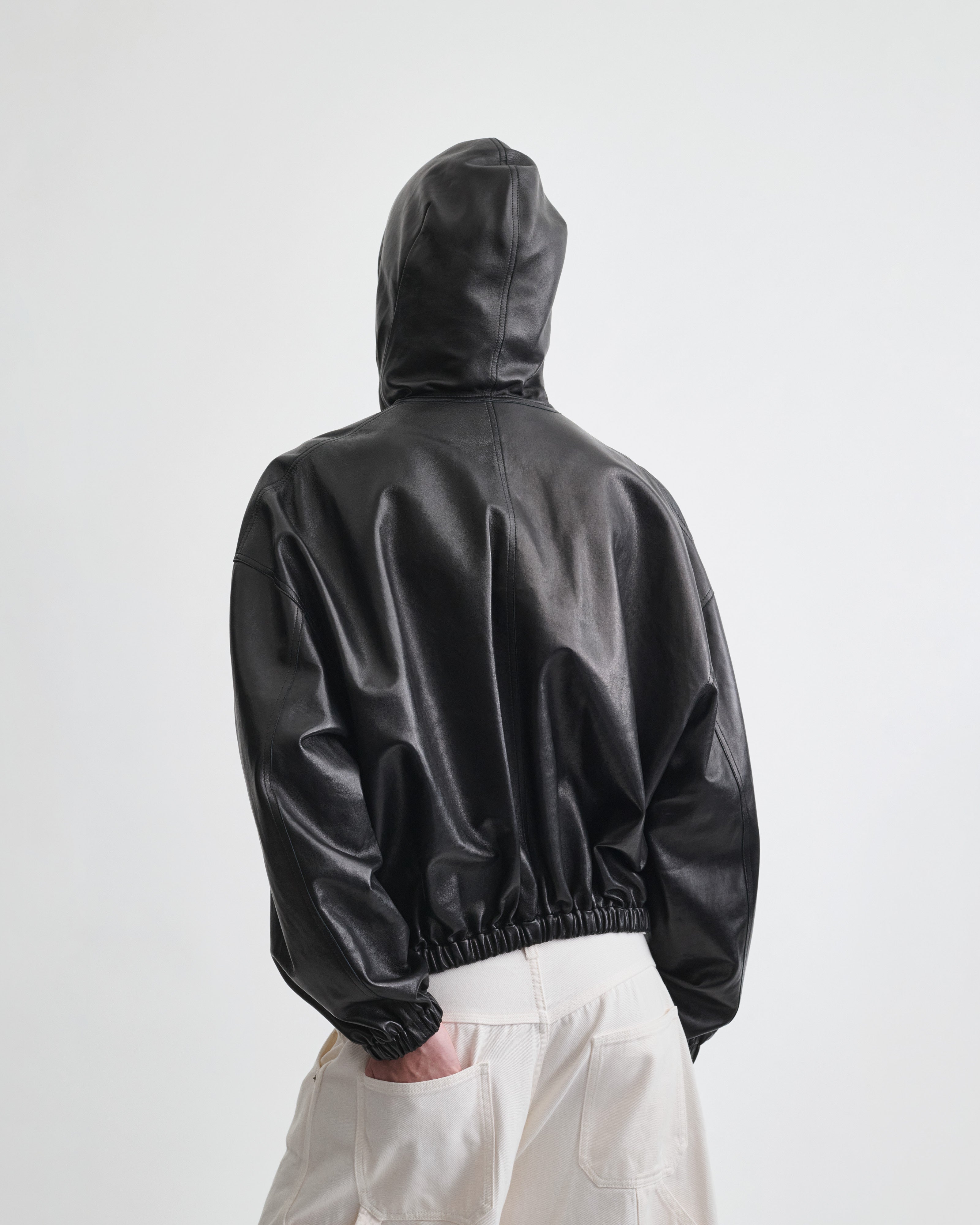 PHOEBE PHILO | HOODED BOMBER | BLACK LEATHER