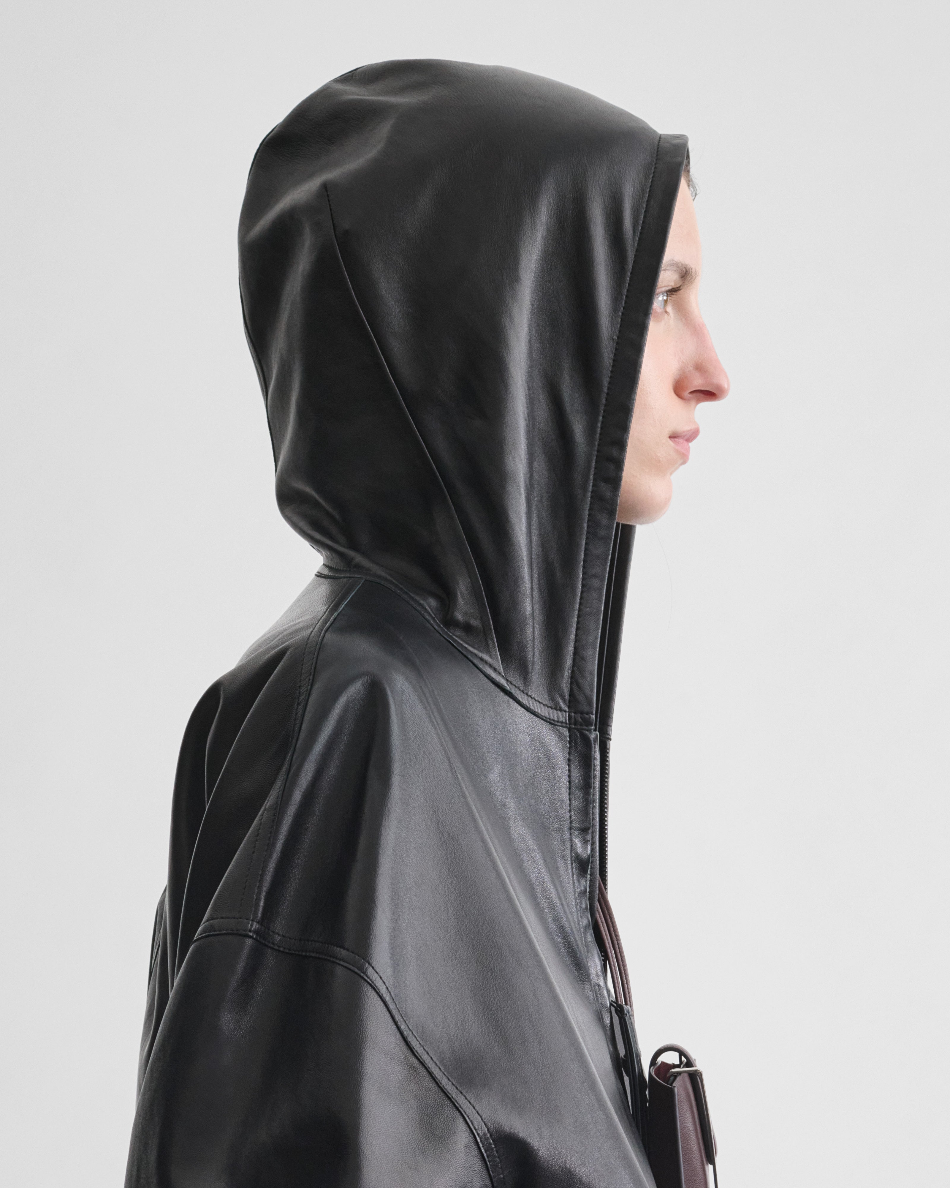 PHOEBE PHILO | HOODED BOMBER | BLACK LEATHER