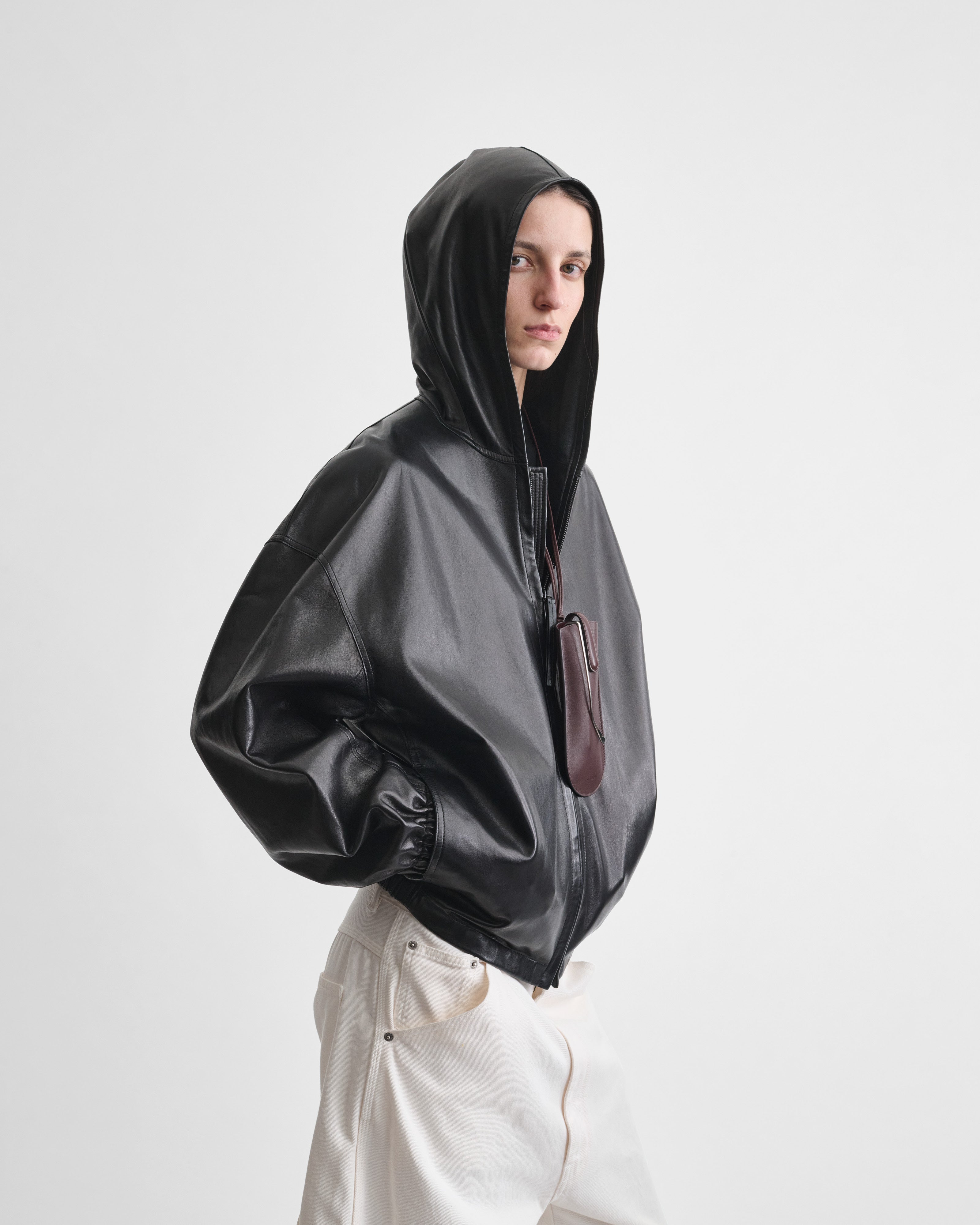 PHOEBE PHILO | HOODED BOMBER | BLACK LEATHER
