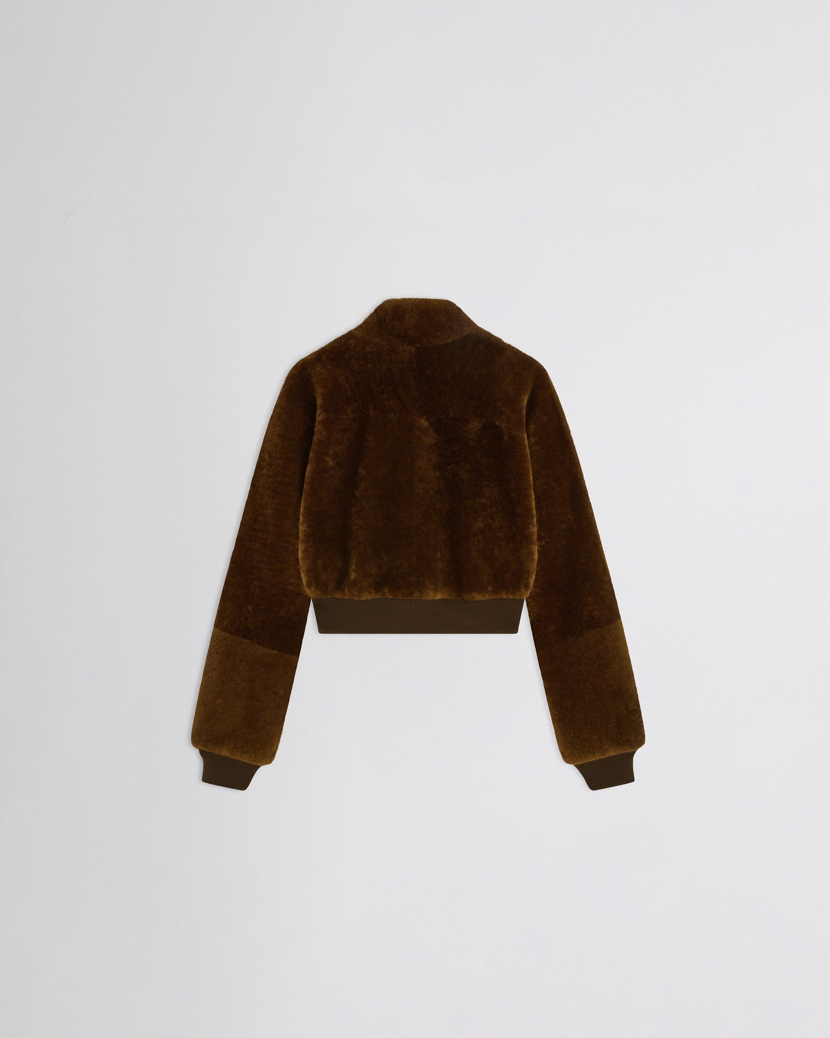 Flat back view of Super Soft Bomber Jacket in ginger shearling