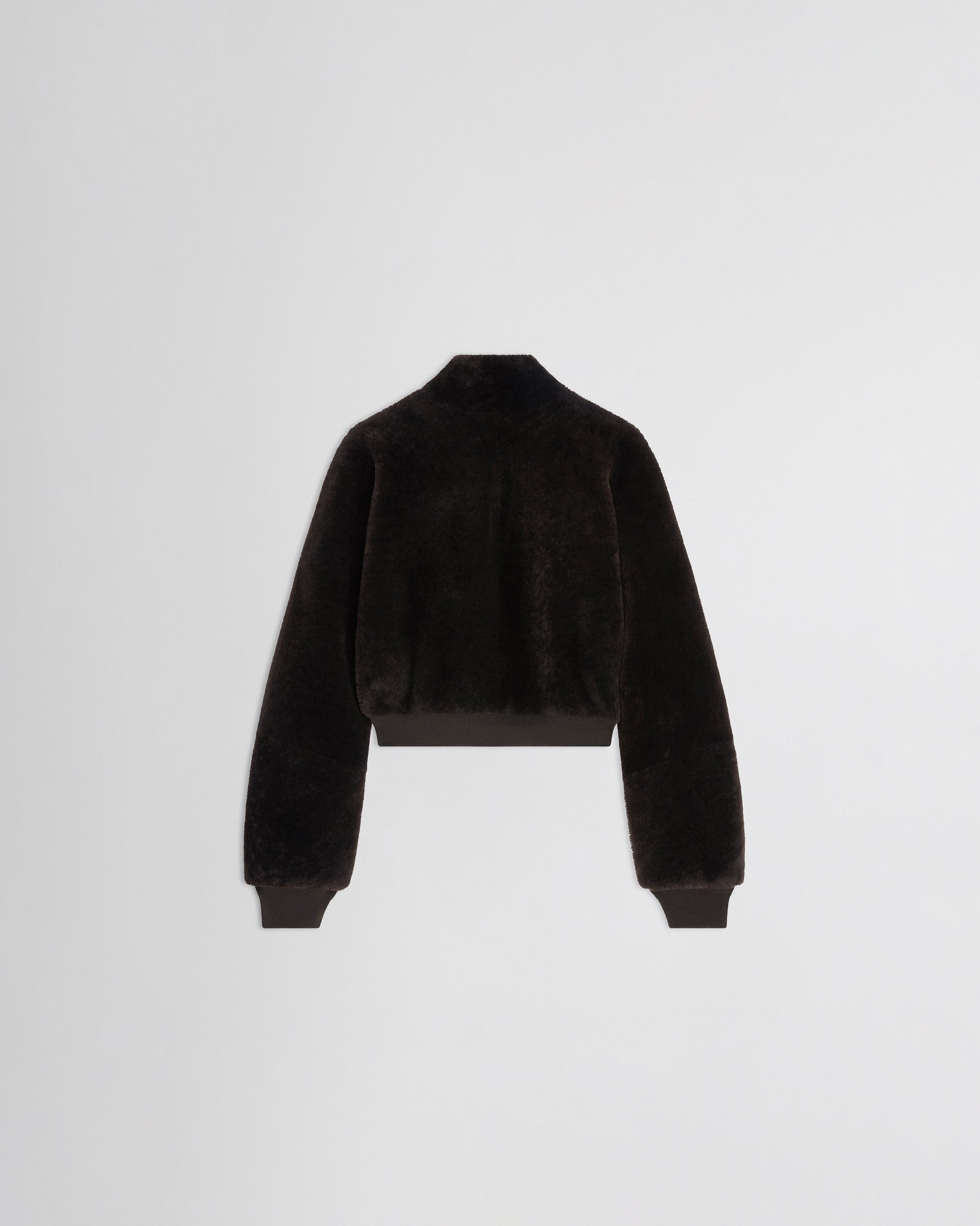Back view of Super Soft Bomber Jacket in deep brown shearling
