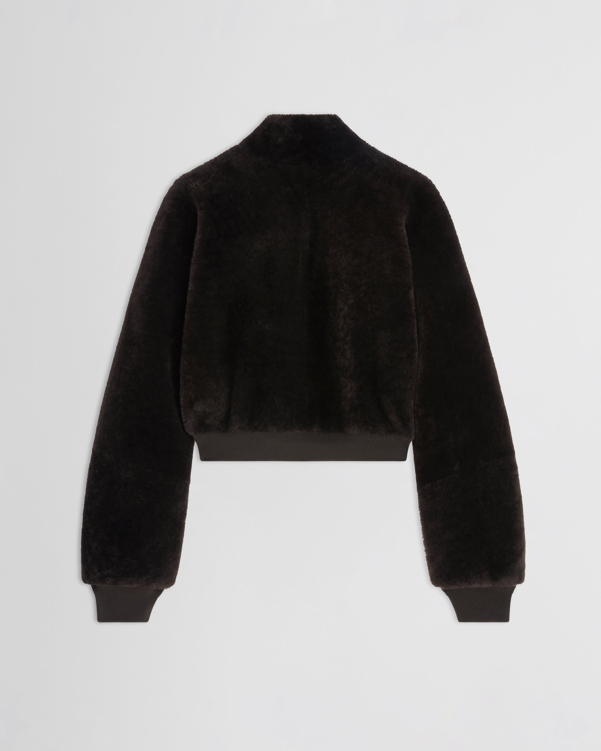 Flat back view of Super Soft Bomber Jacket in deep brown shearling