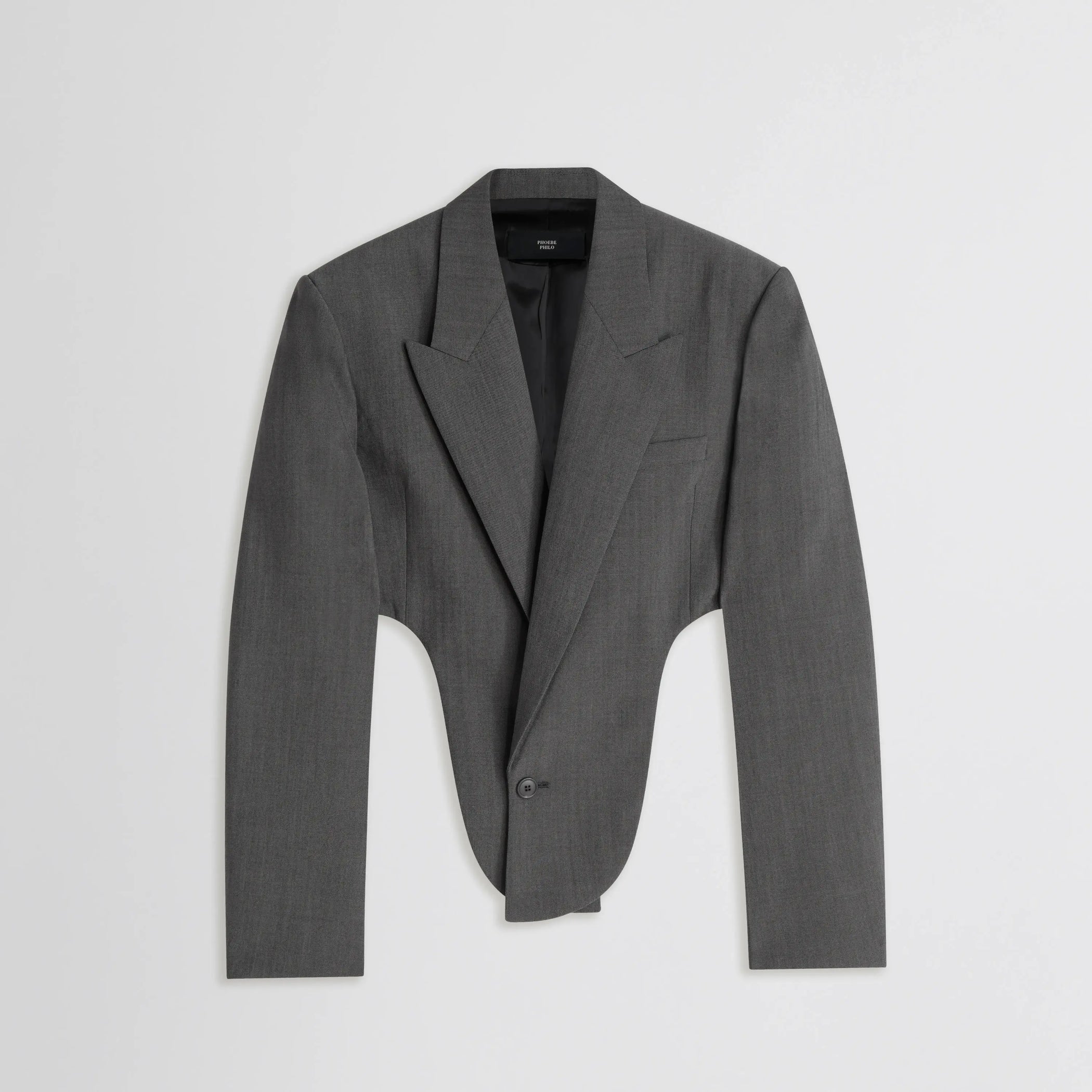 Front flat lay view of Tucked Tailored Jacket in dark taupe. 