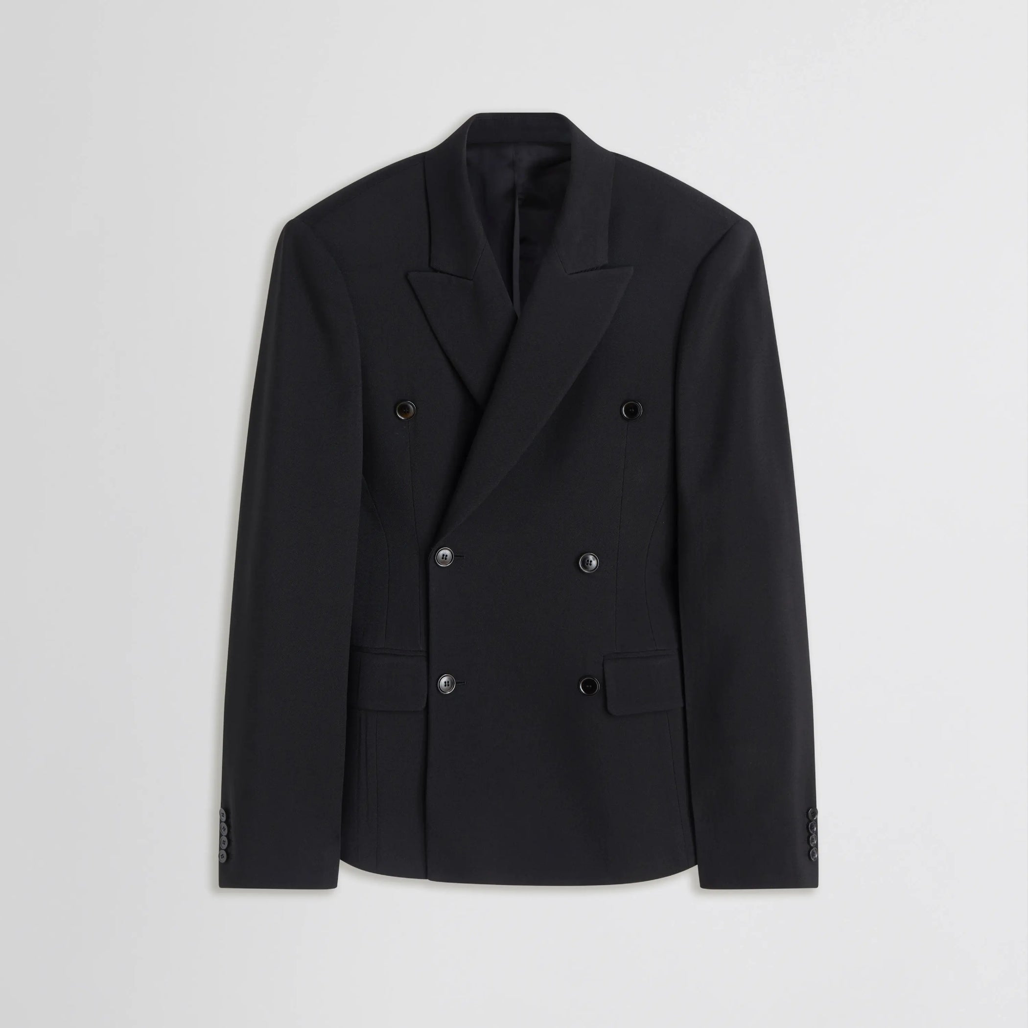 Front flat lay view of Cinched Hip Tailored Jacket in black. 