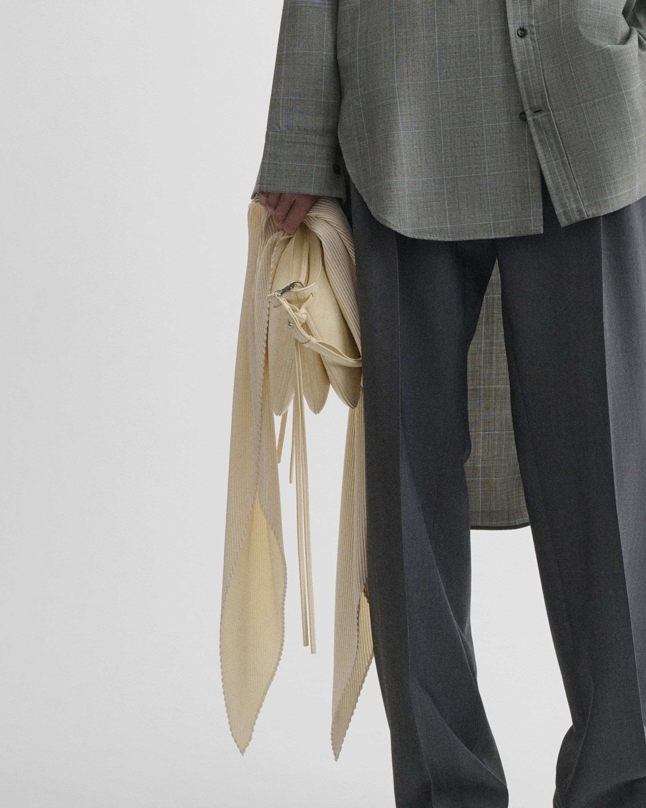 Model view of WOVEN PLEATED SCARF in cream silk