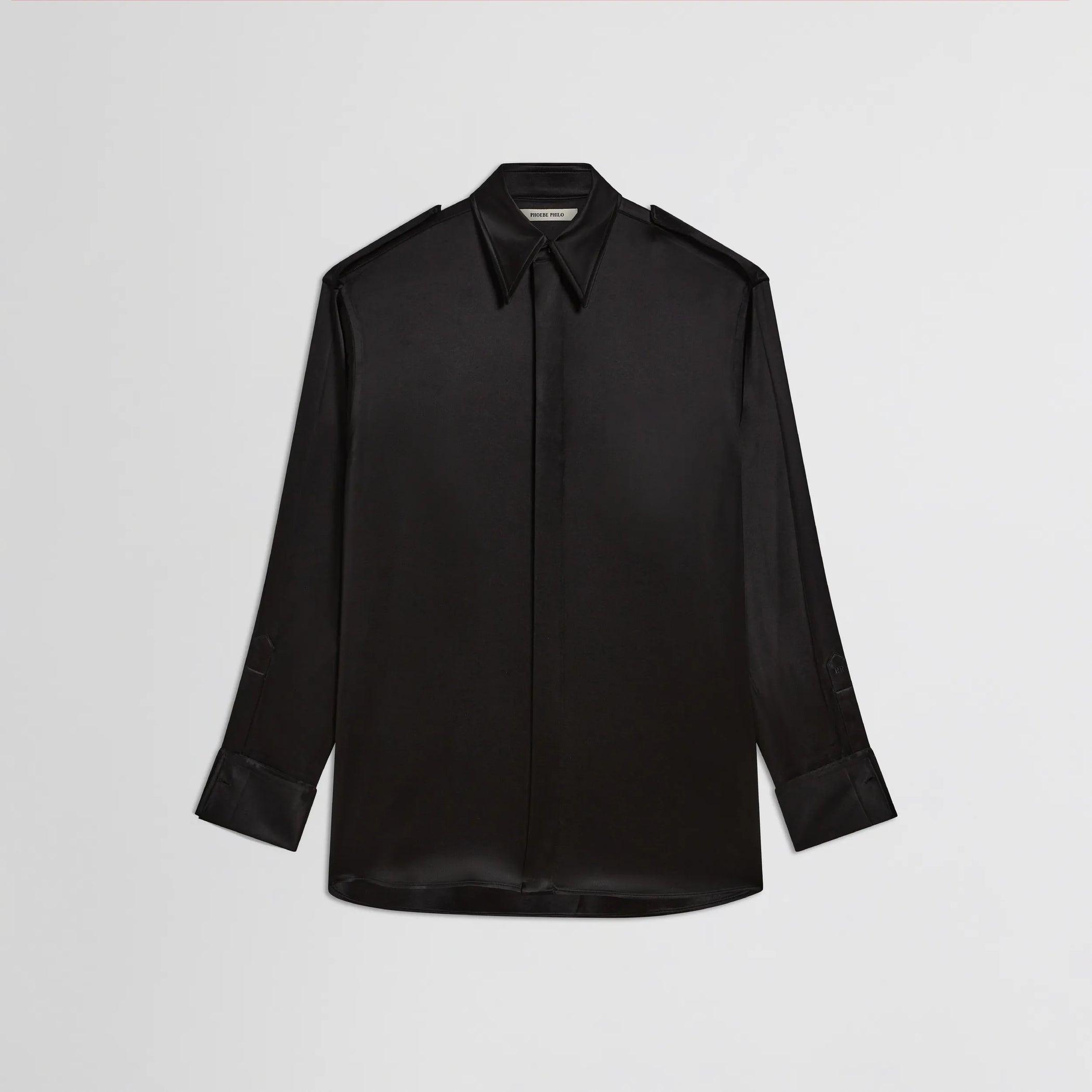 Front flat shot of liquid utility shirt in black silk satin