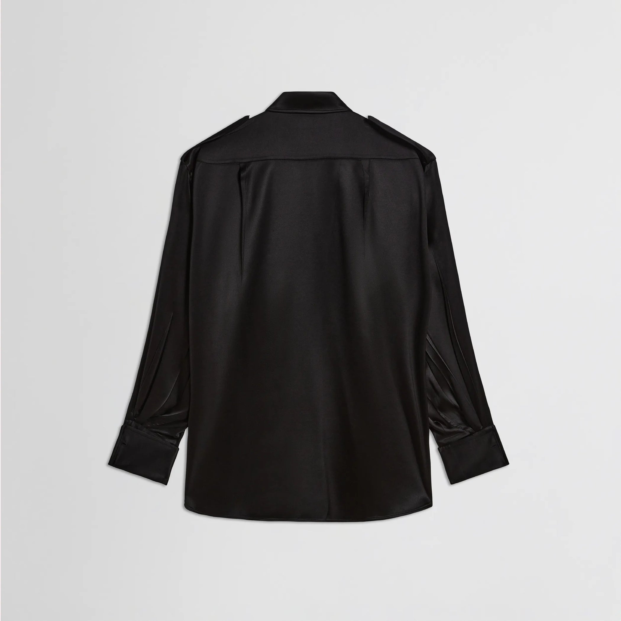 Back flat shot of liquid utility shirt in black silk satin