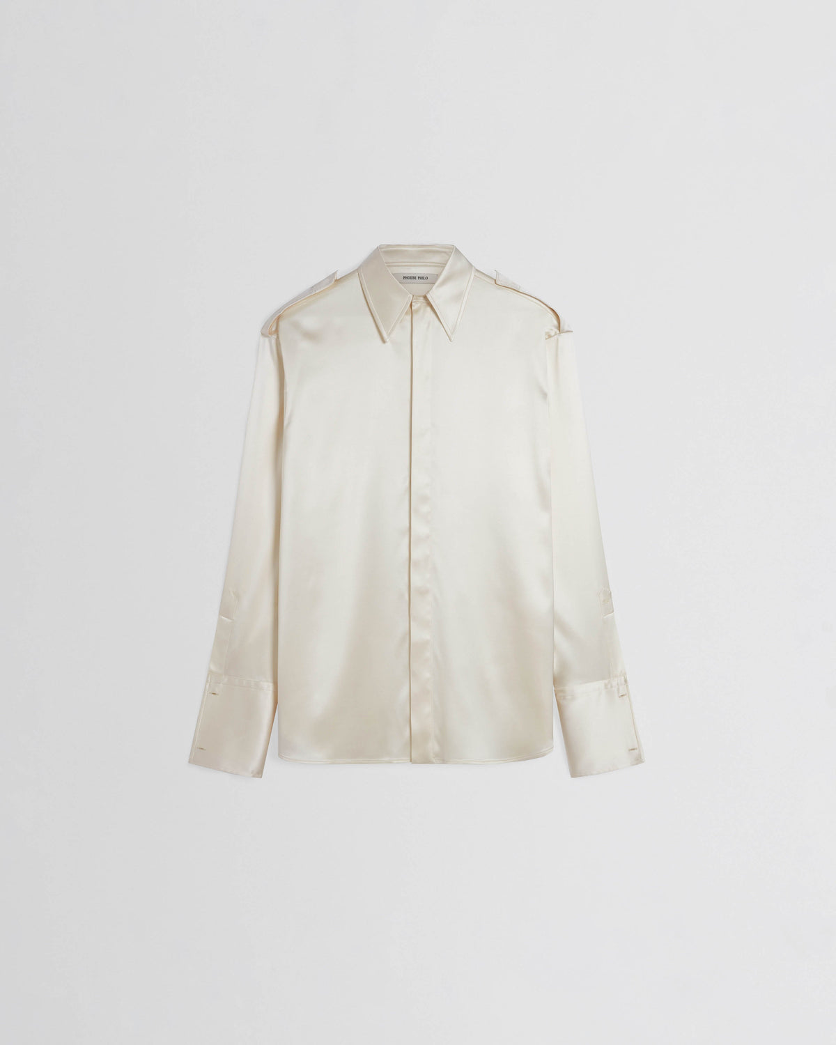 Flat front view of LIQUID UTILITY SHIRT in cream silk satin