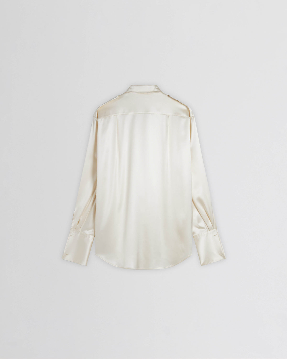 Flat back view of LIQUID UTILITY SHIRT in cream silk satin