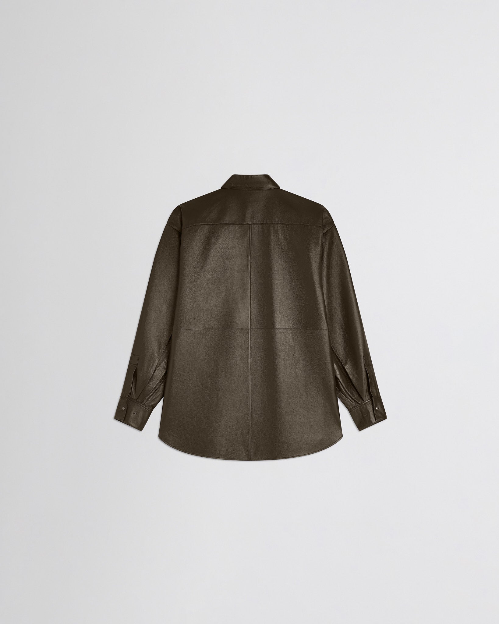 Flat back view of overshirt in green bronze leather.