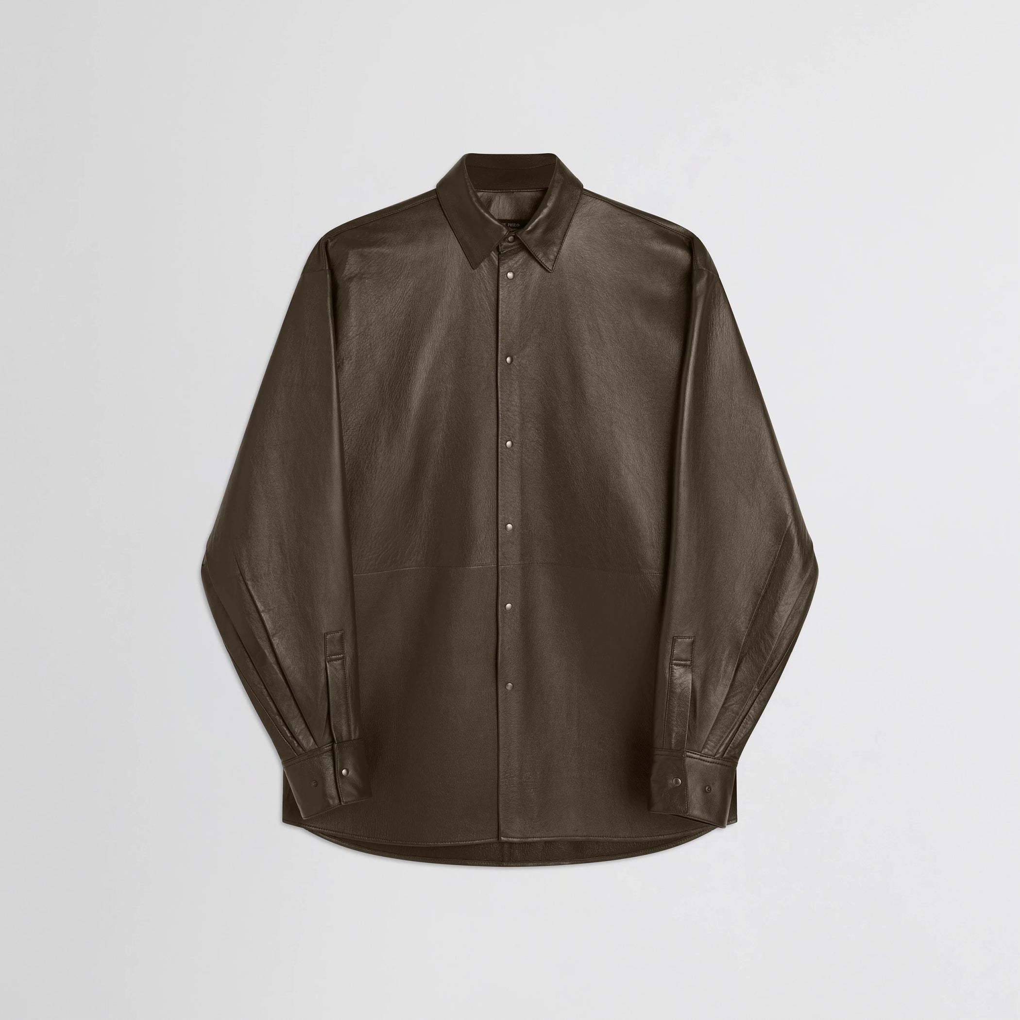 Flat front view of overshirt in green bronze leather.