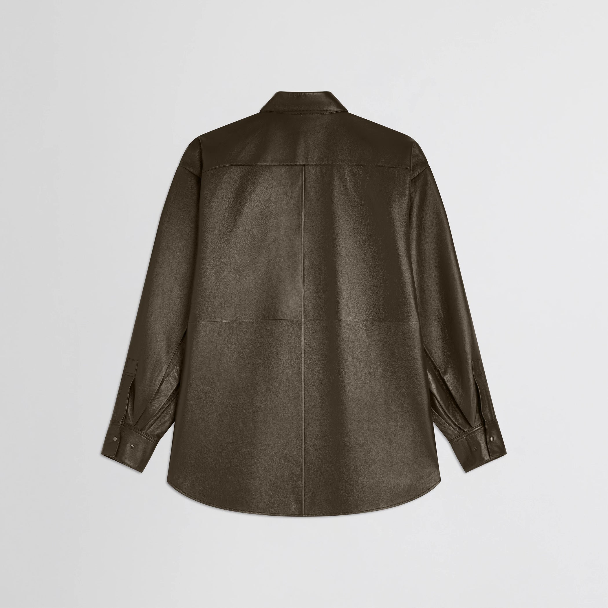 Flat back view of overshirt in green bronze leather.